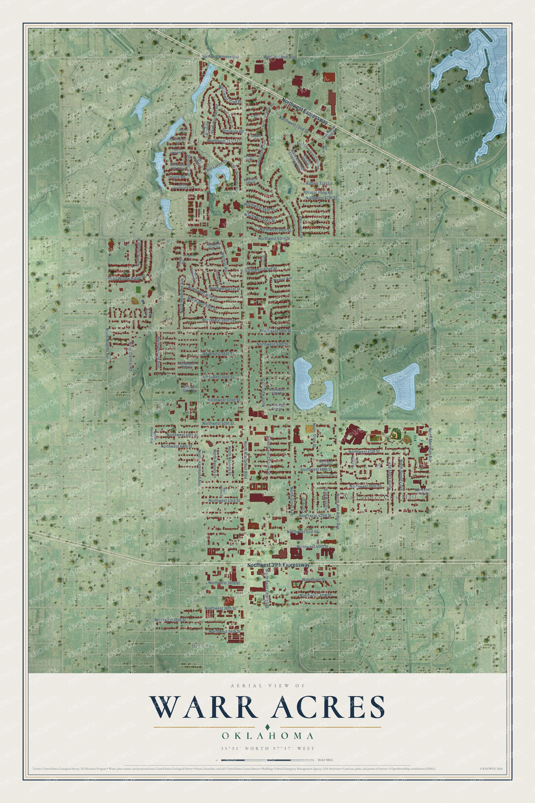 Full map of Warr Acres, Oklahoma, with red buildings, printed street names and the land around them