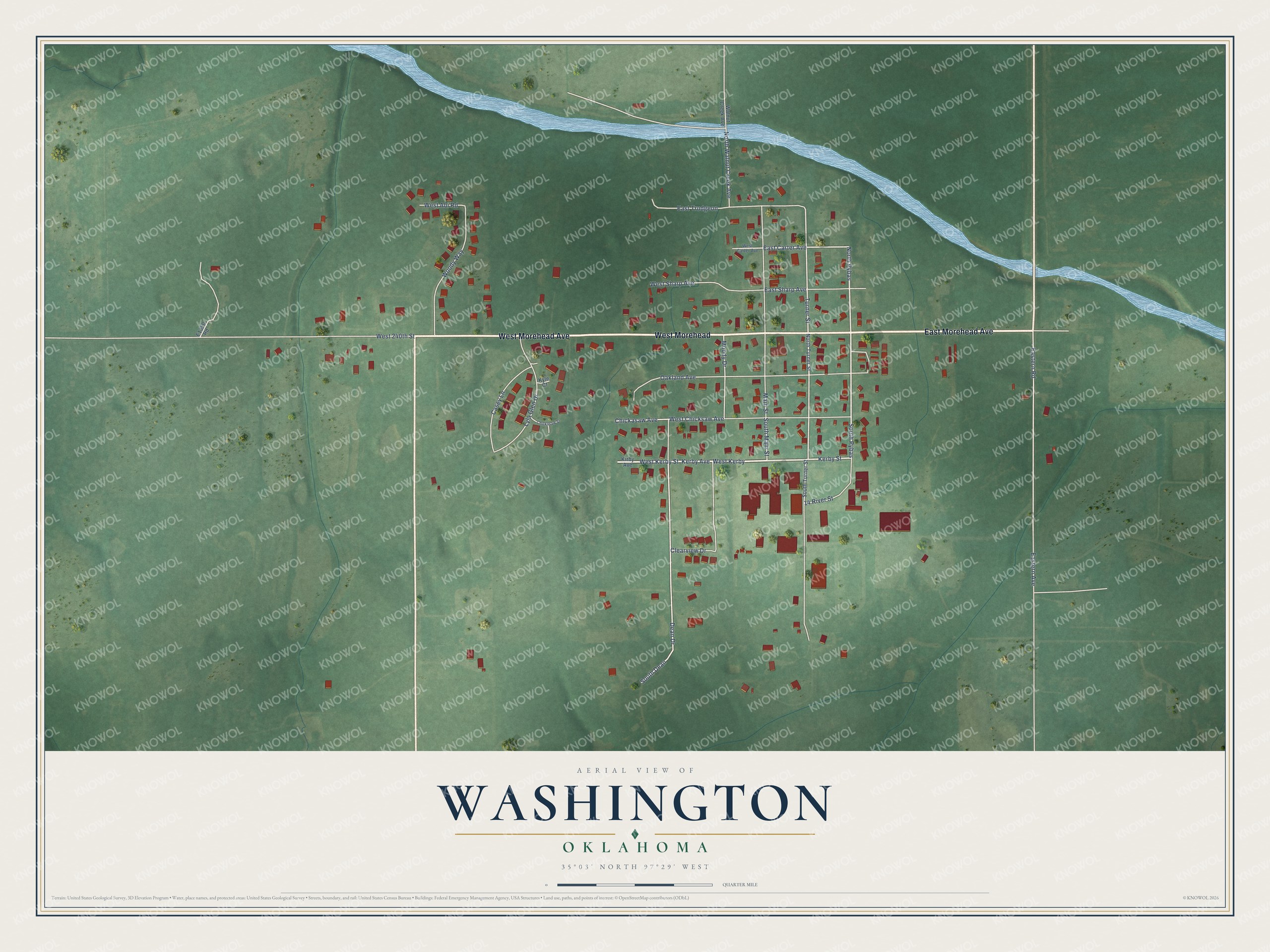 Full map of Washington, Oklahoma, with red buildings, printed street names and the land around them