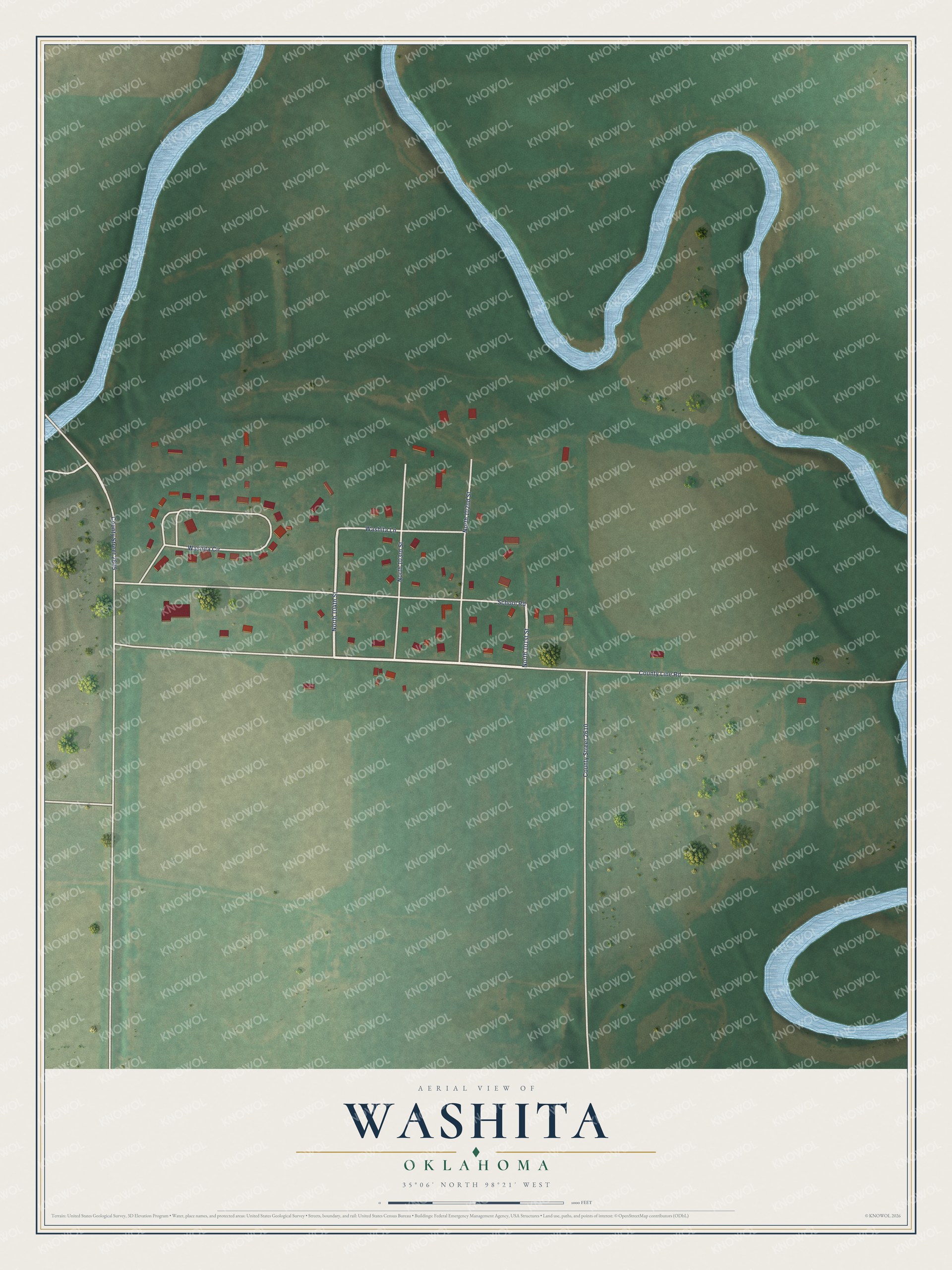 Full map of Washita, Oklahoma, with red buildings, printed street names and the land around them