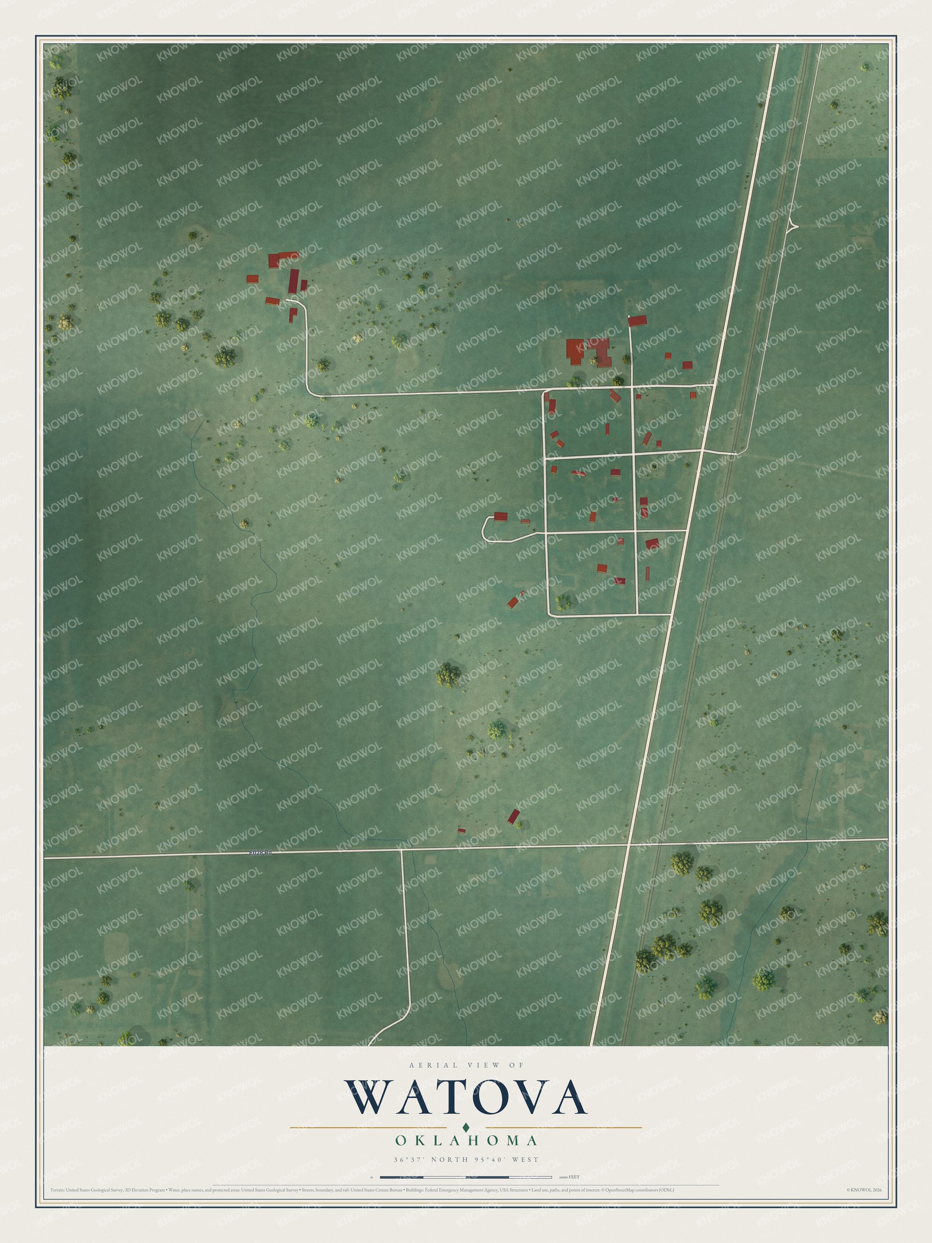 Full map of Watova, Oklahoma, with red buildings, printed street names and the land around them