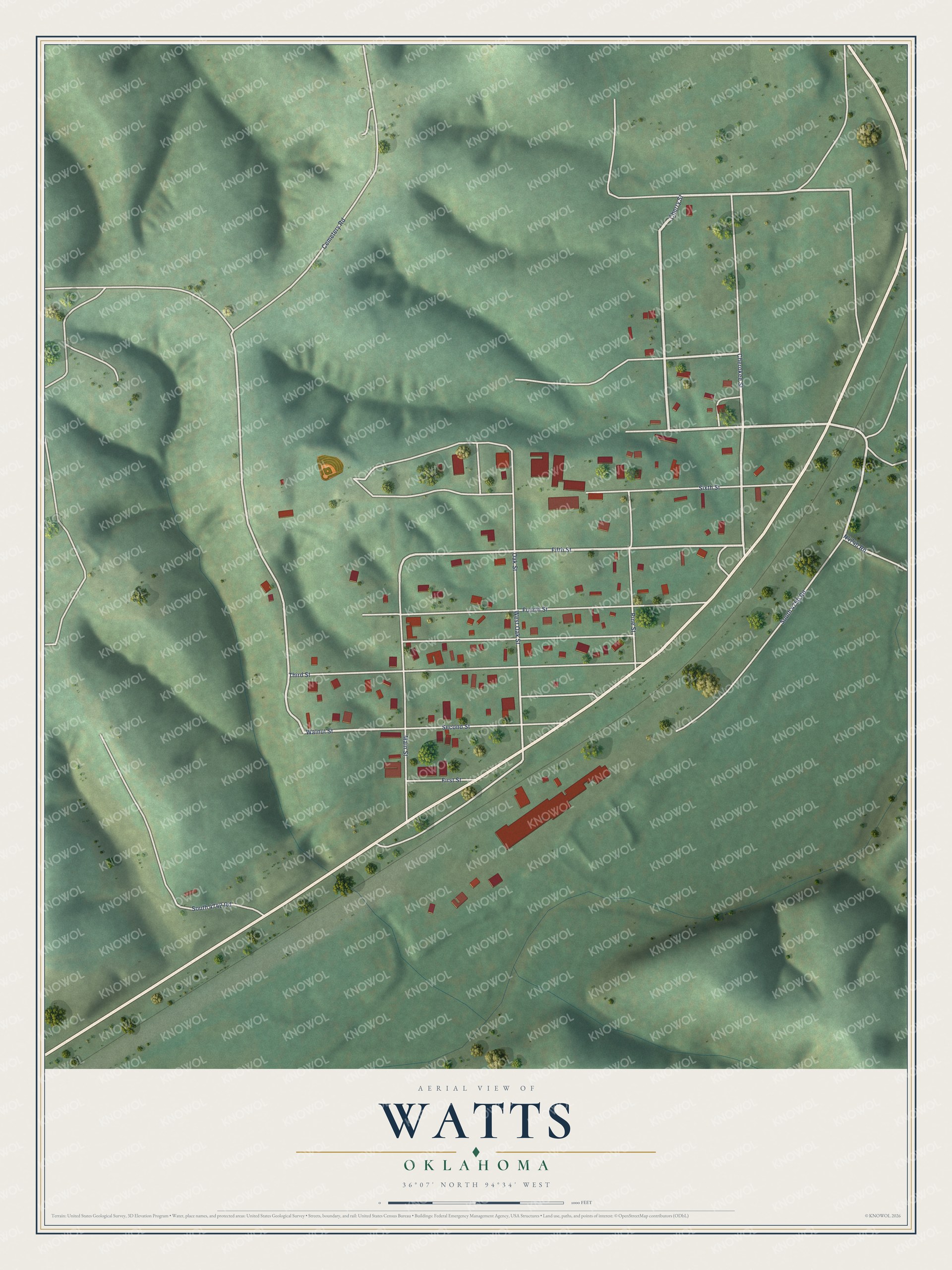Watermarked full-map preview of Watts, Oklahoma