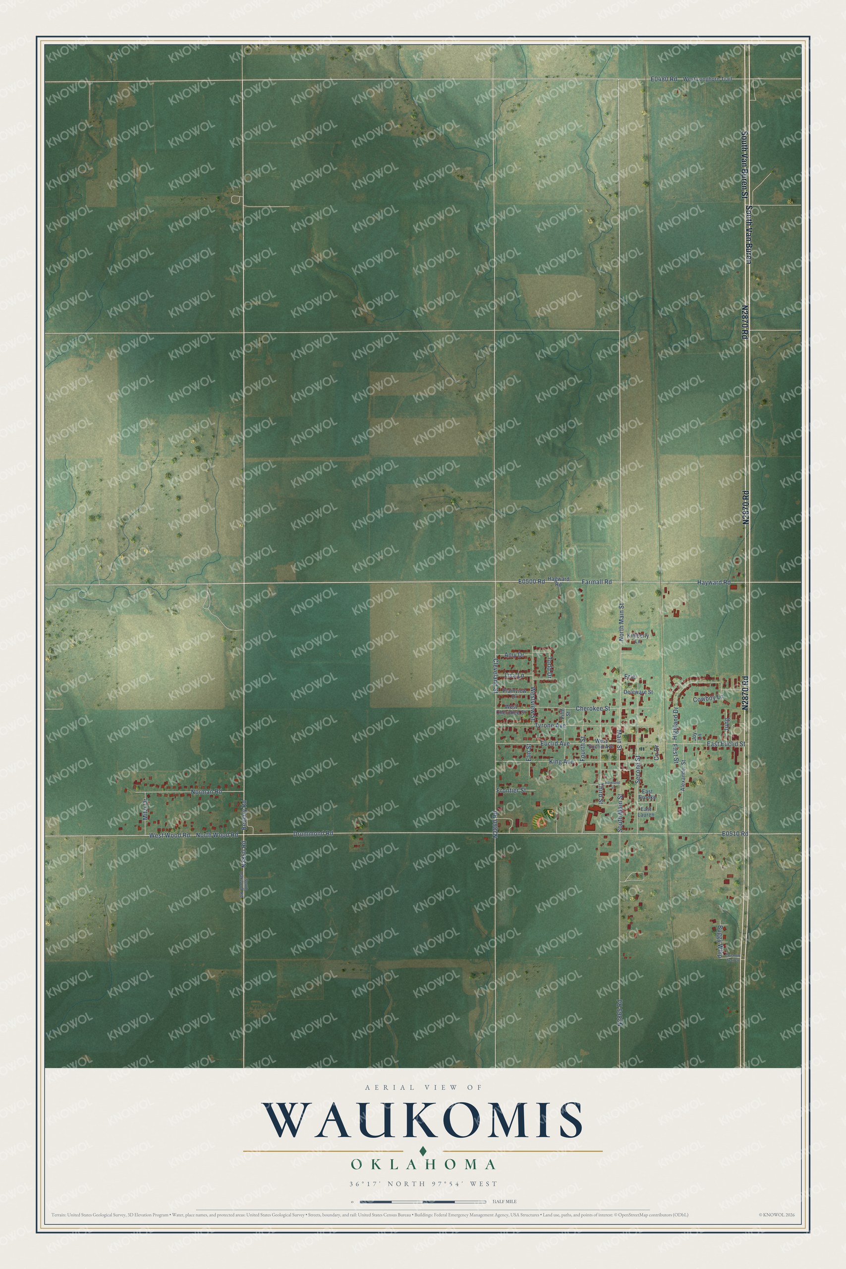 Full map of Waukomis, Oklahoma, with red buildings, printed street names and the land around them