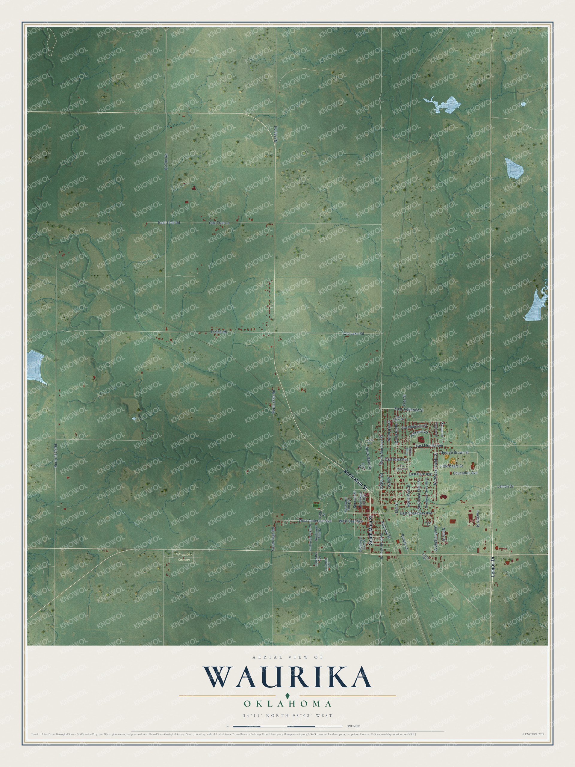 Full map of Waurika, Oklahoma, with red buildings, printed street names and the land around them