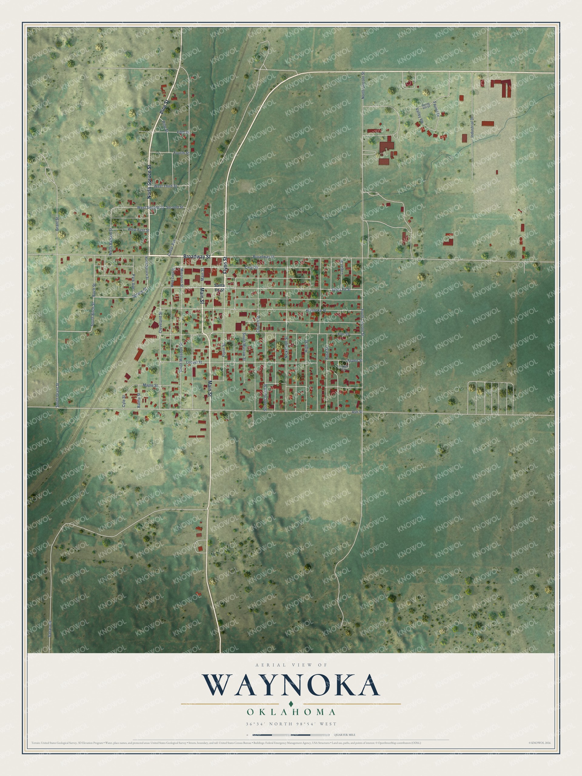 Full map of Waynoka, Oklahoma, with red buildings, printed street names and the land around them