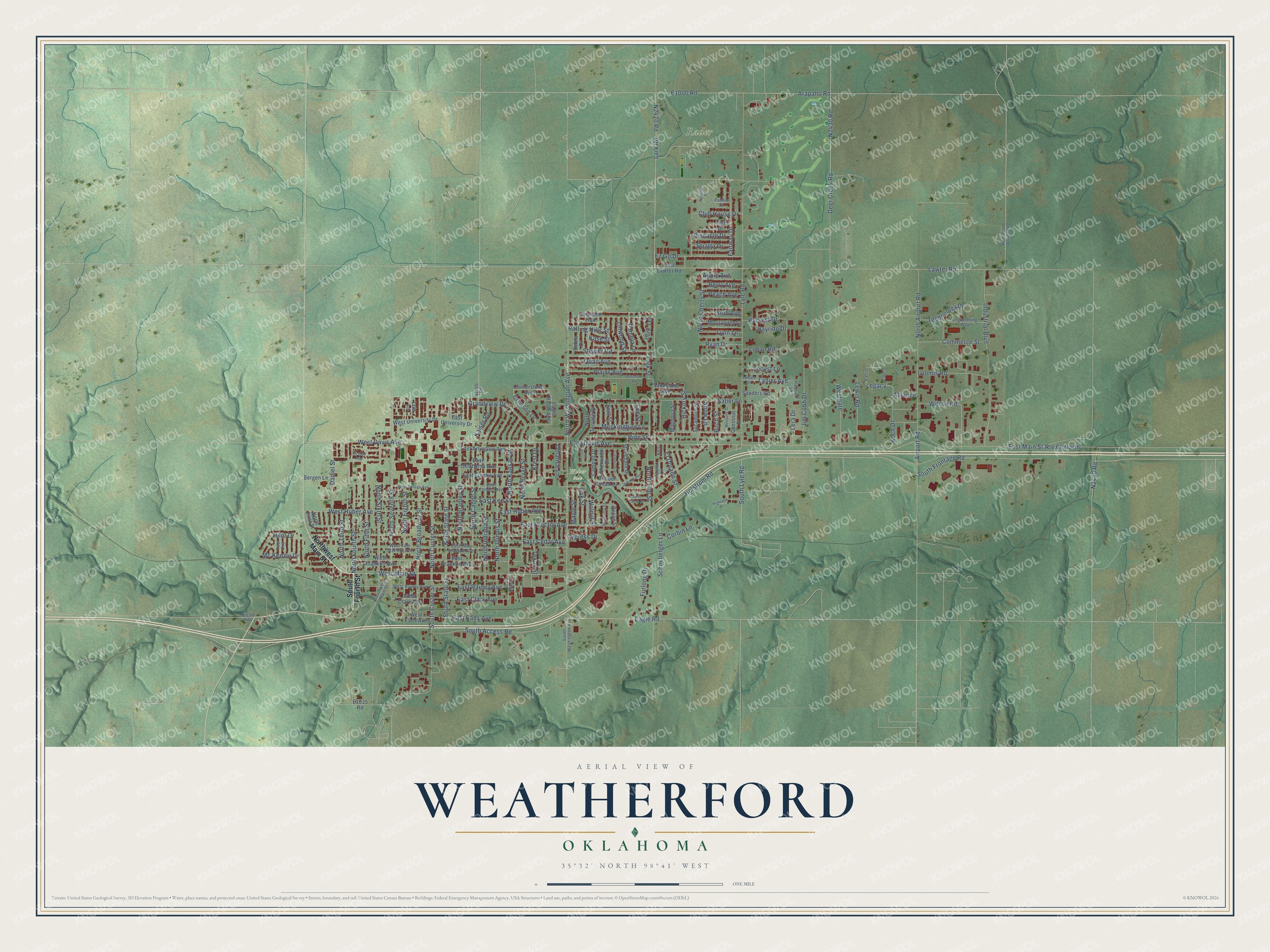 Full map of Weatherford, Oklahoma, with red buildings, printed street names and the land around them
