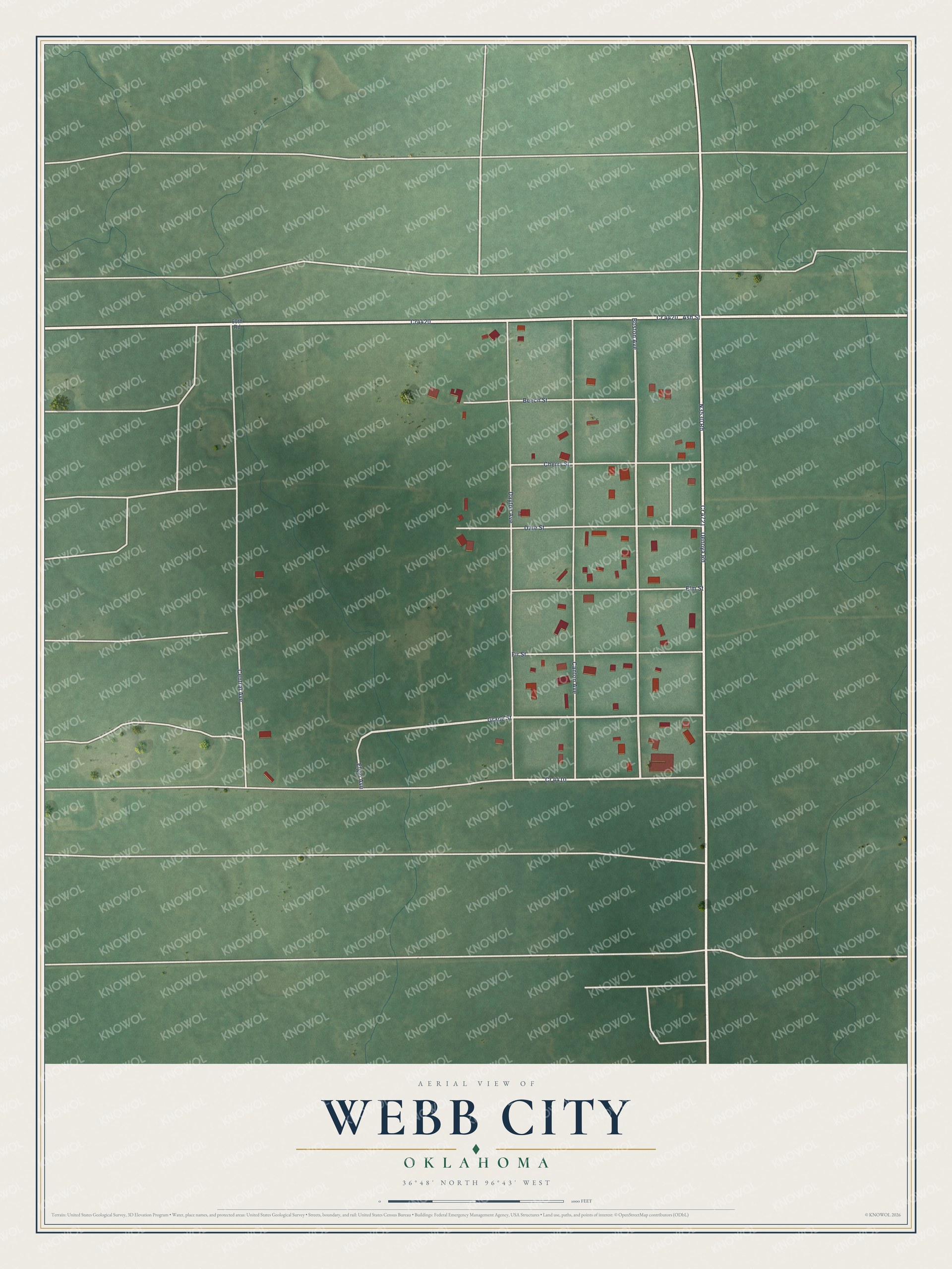 Full map of Webb City, Oklahoma, with red buildings, printed street names and the land around them