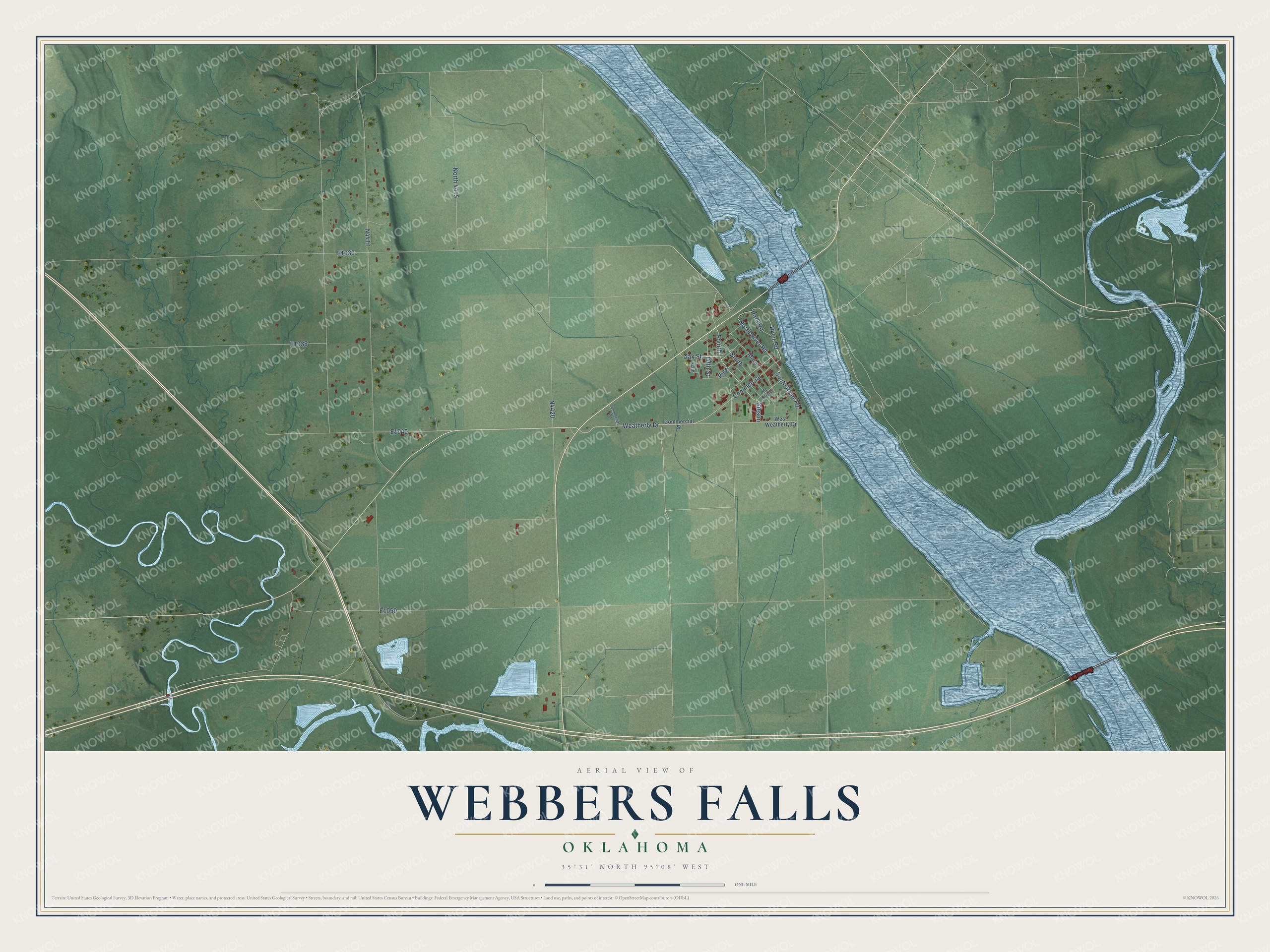 Full map of Webbers Falls, Oklahoma, with red buildings, printed street names and the land around them
