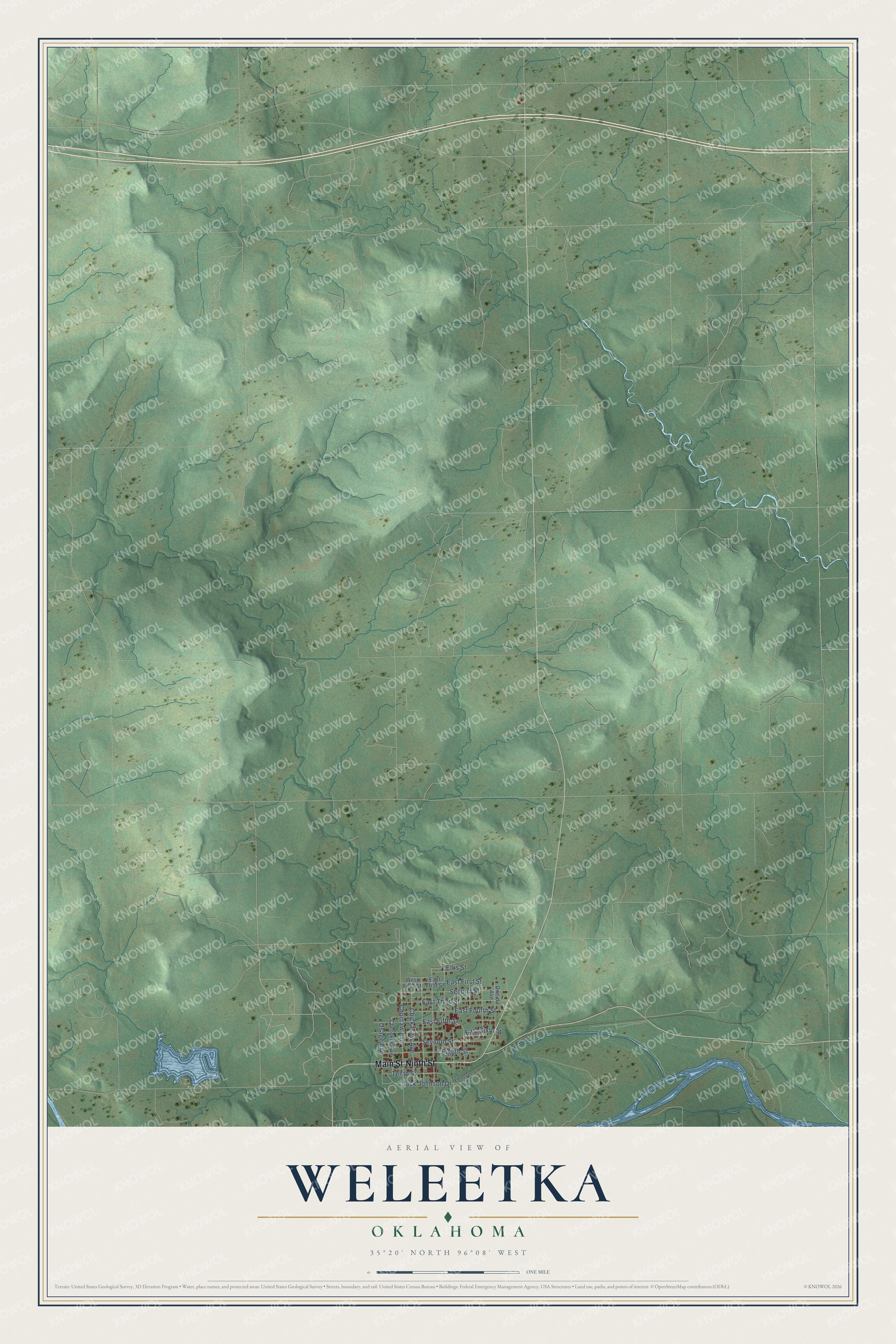 Full map of Weleetka, Oklahoma, with red buildings, printed street names and the land around them