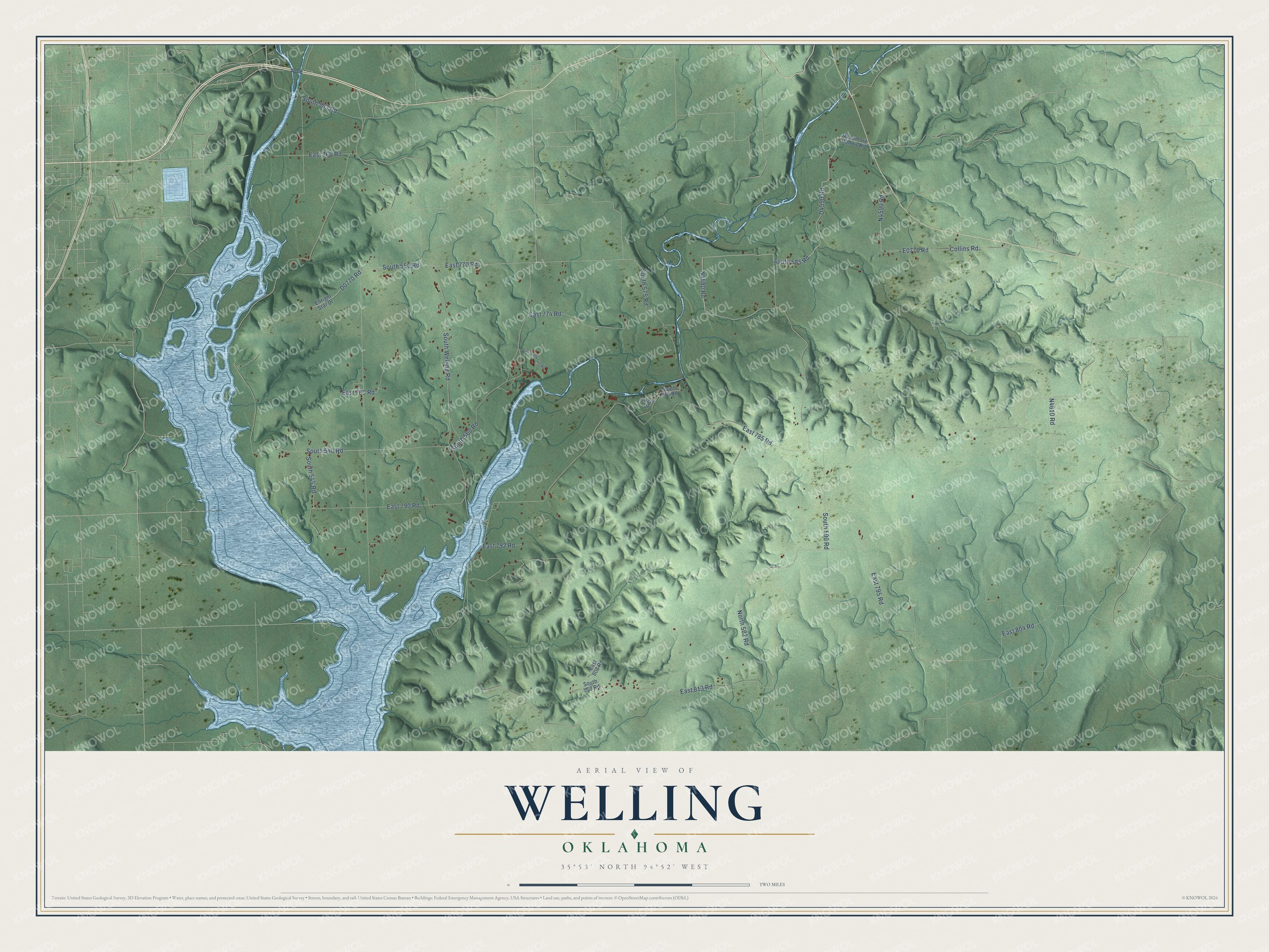 Full map of Welling, Oklahoma, with red buildings, printed street names and the land around them