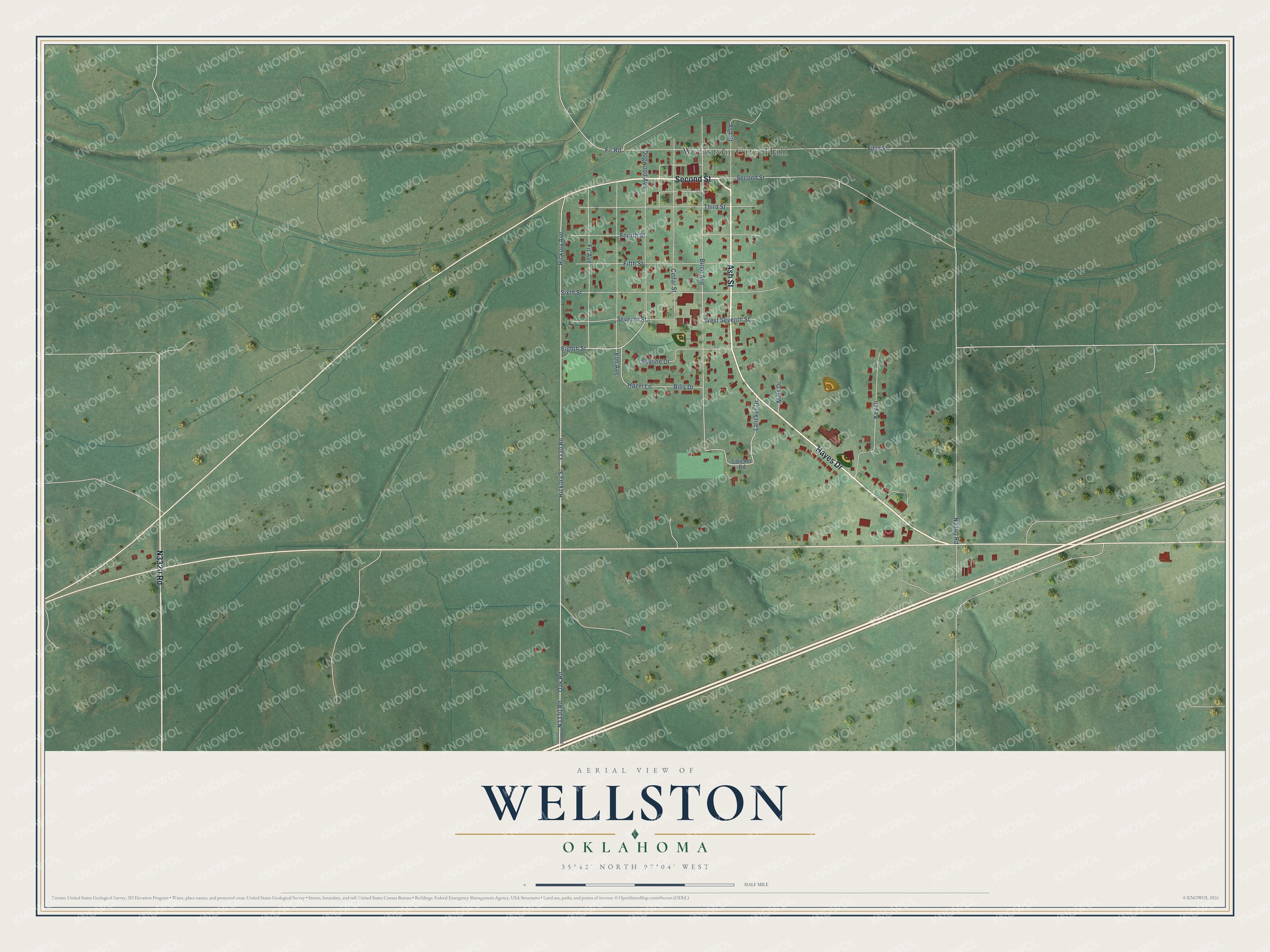 Full map of Wellston, Oklahoma, with red buildings, printed street names and the land around them
