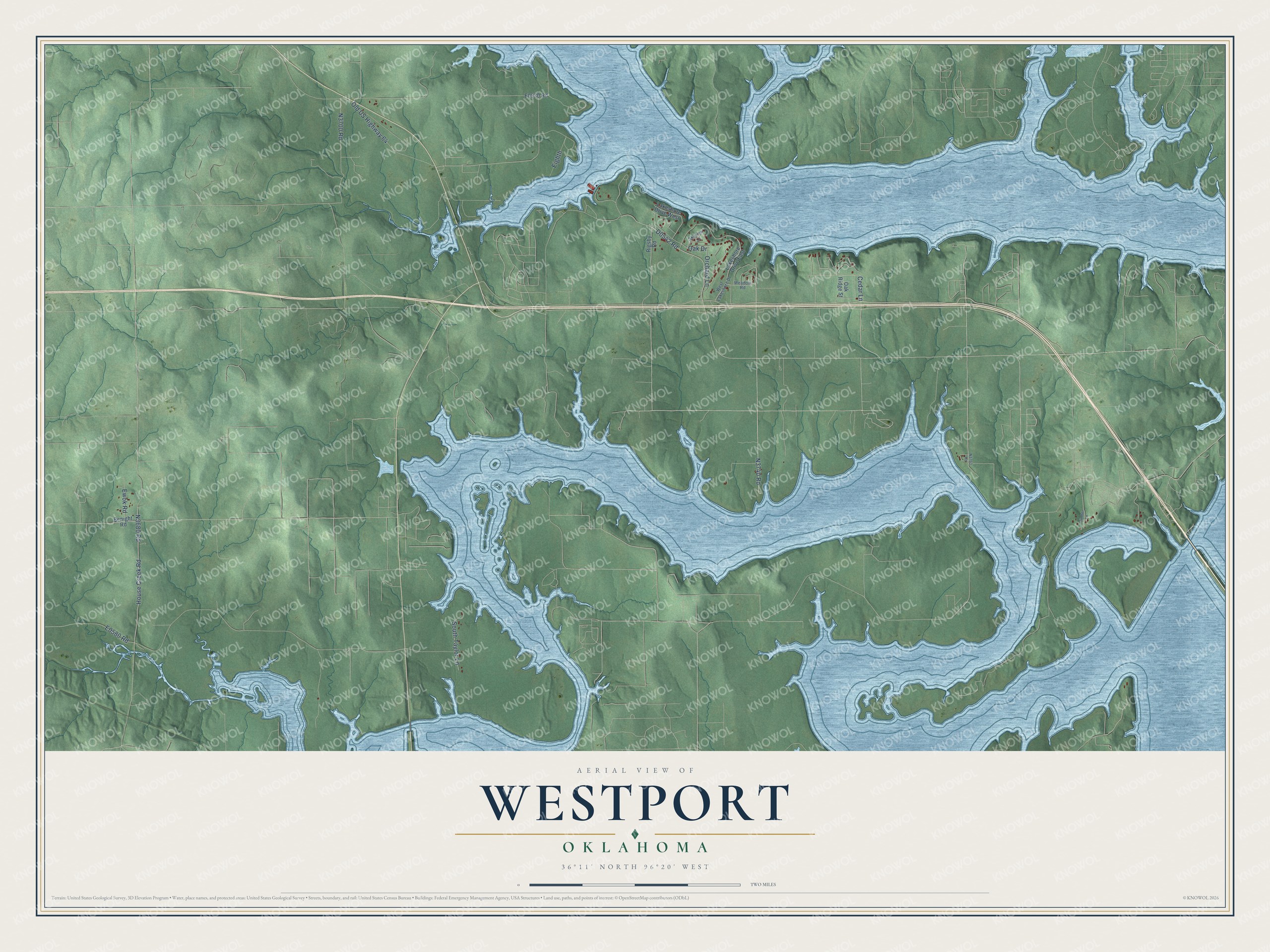 Full map of Westport, Oklahoma, with red buildings, printed street names and the land around them