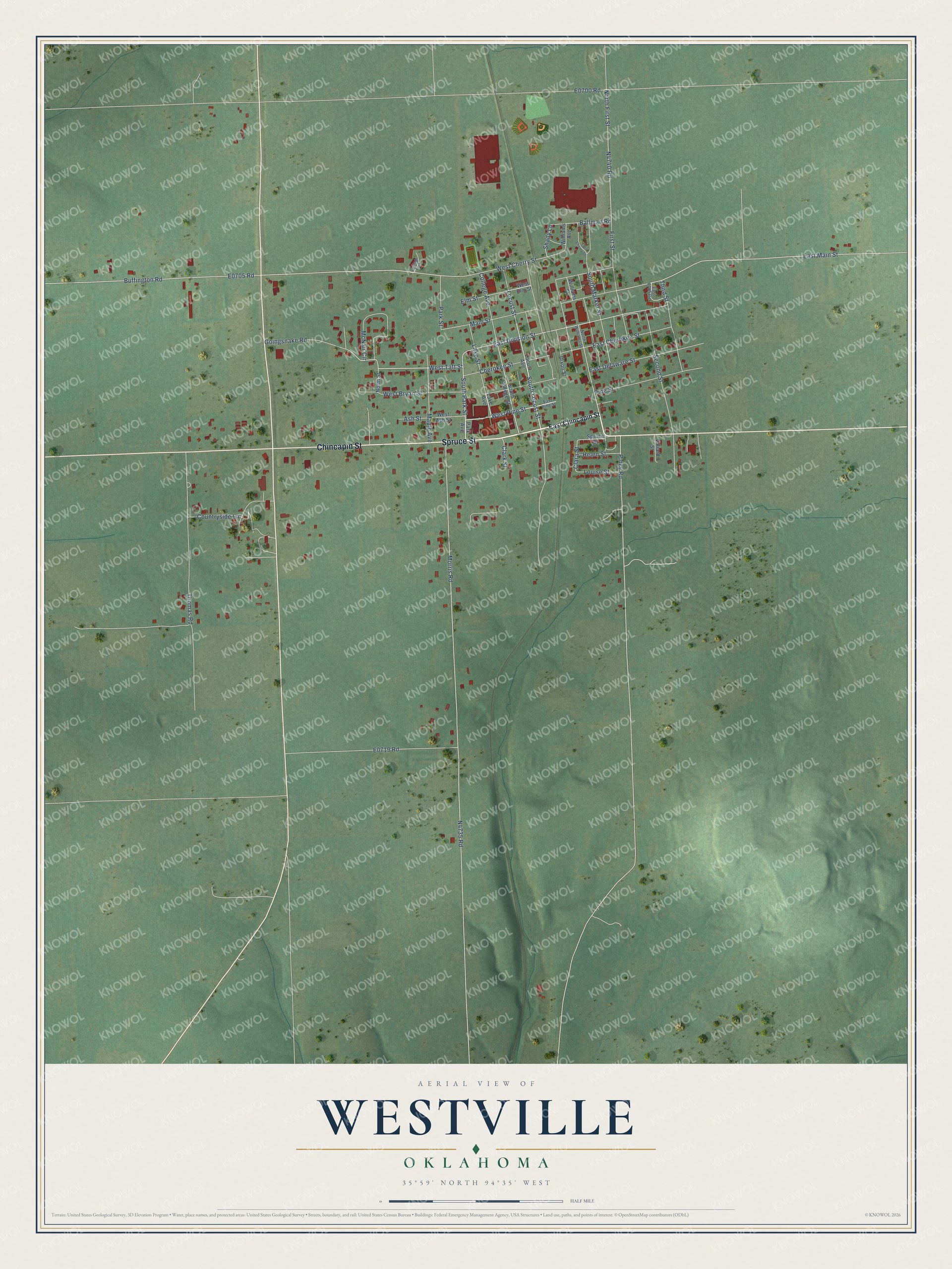 Full map of Westville, Oklahoma, with red buildings, printed street names and the land around them