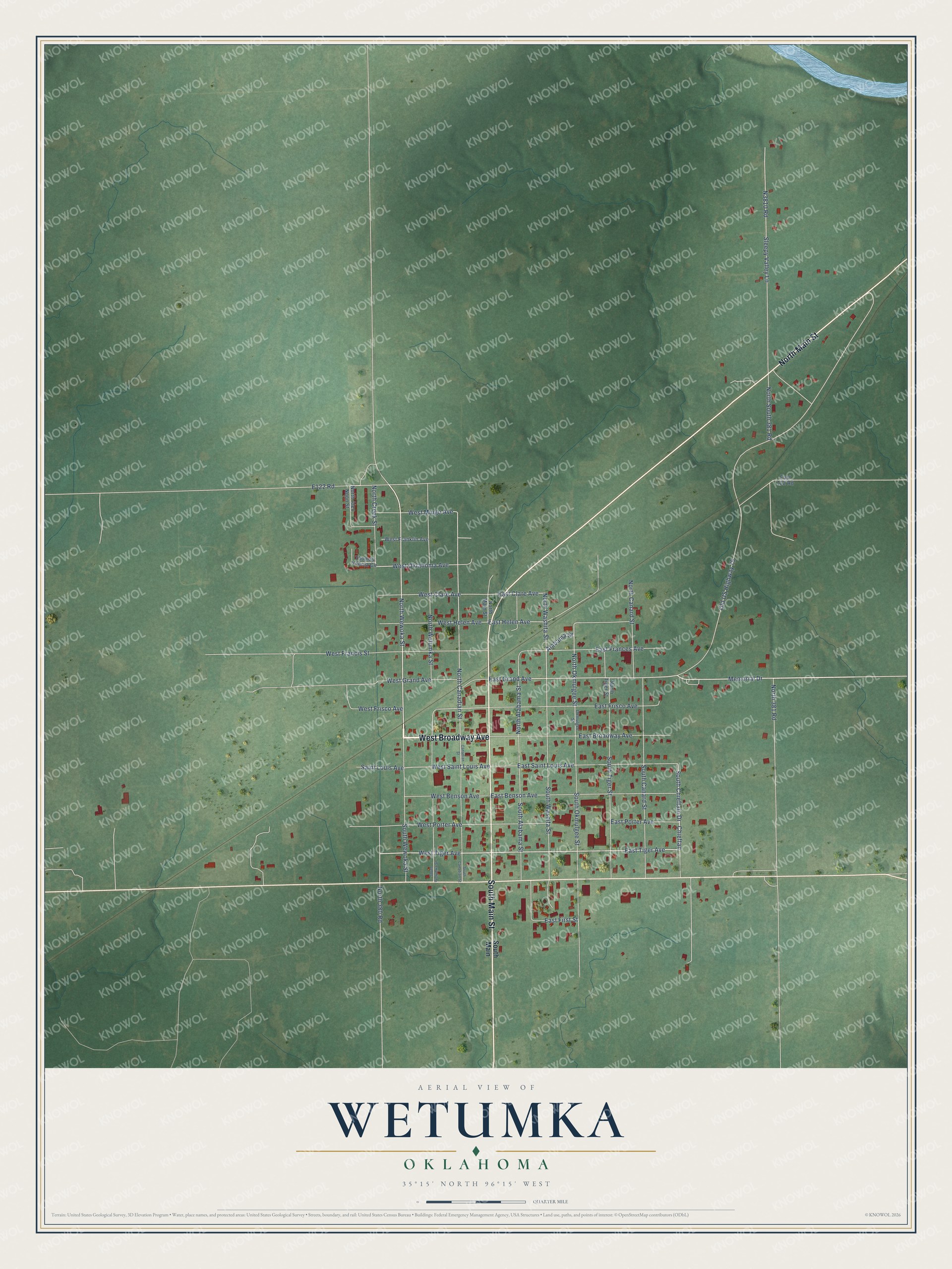 Full map of Wetumka, Oklahoma, with red buildings, printed street names and the land around them