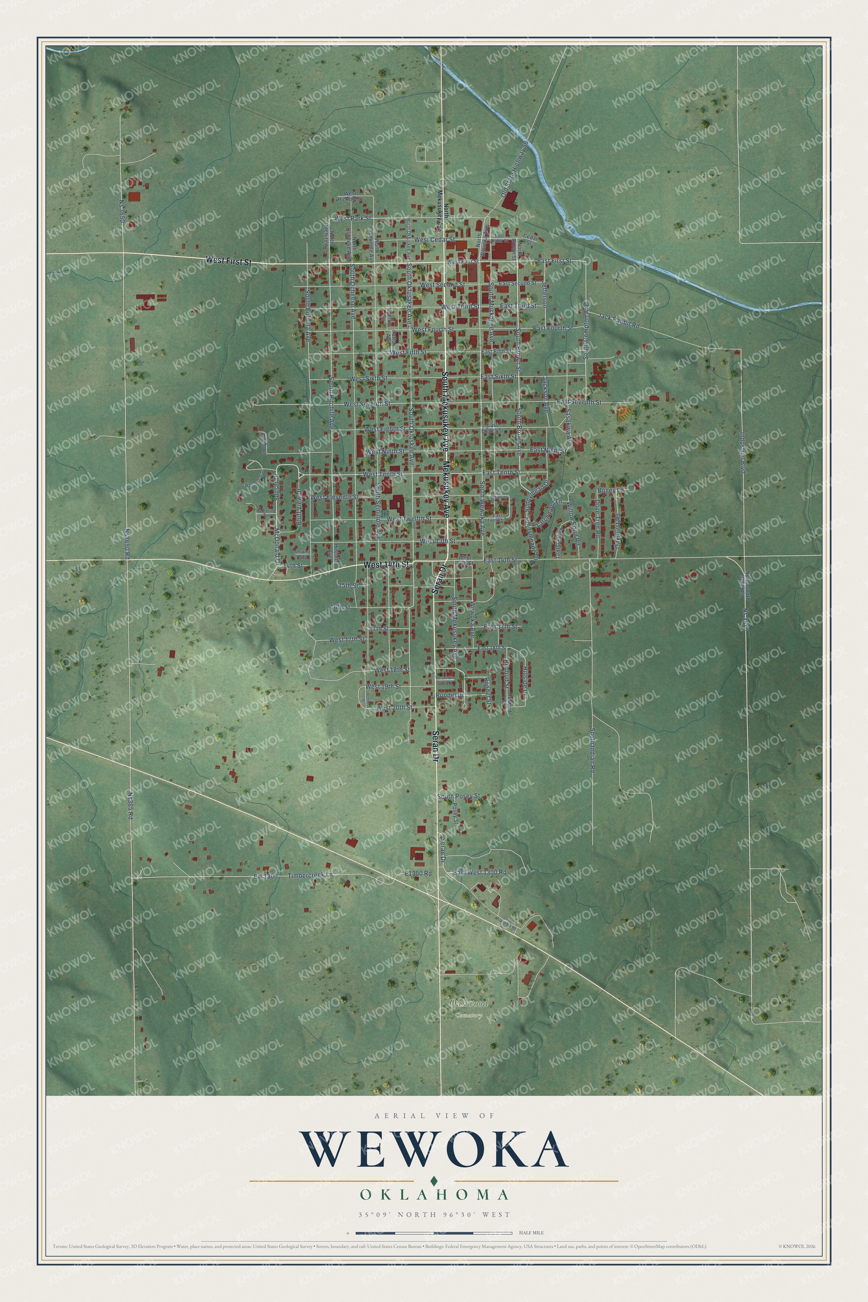 Full map of Wewoka, Oklahoma, with red buildings, printed street names and the land around them
