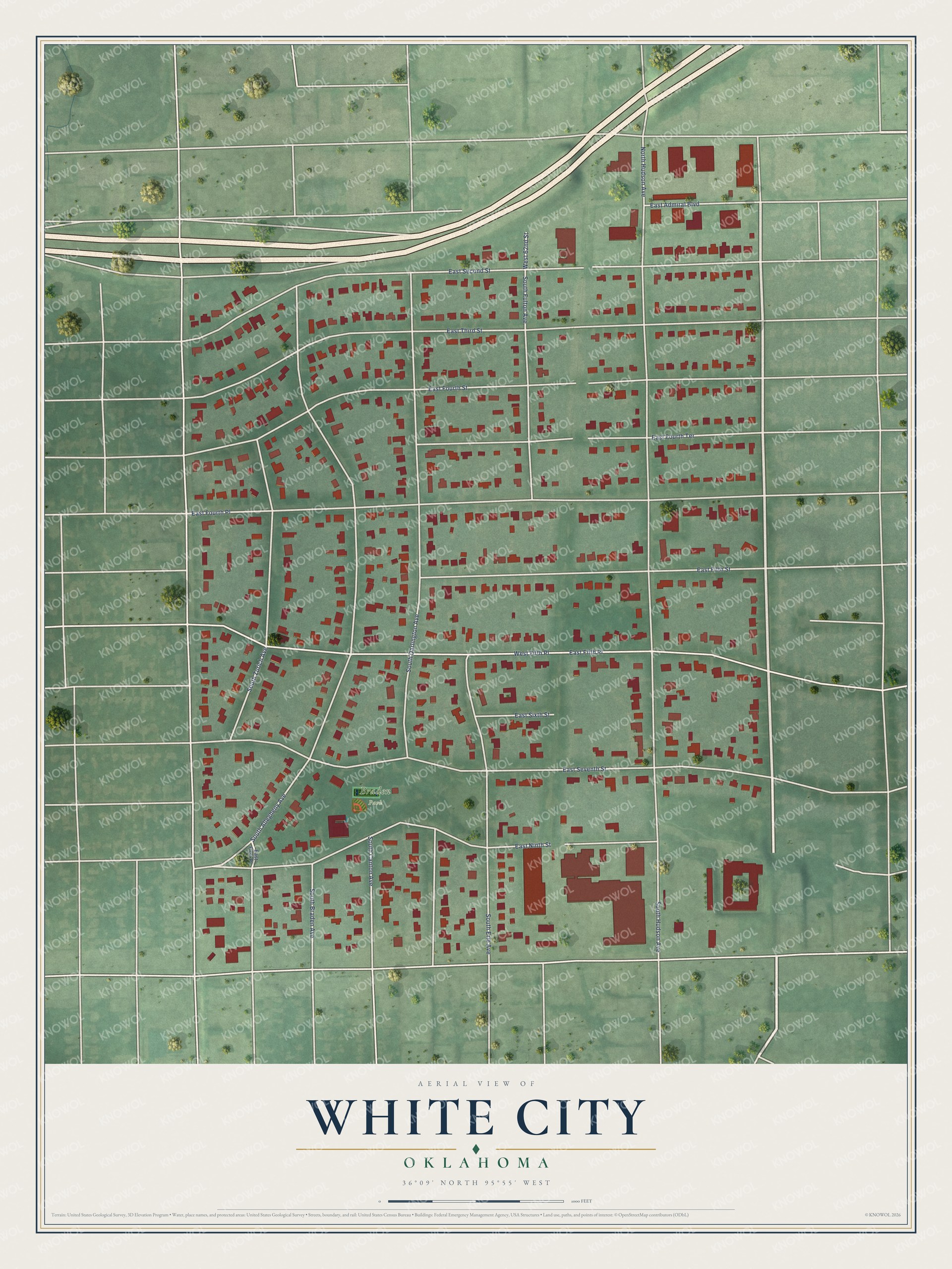 Full map of White City, Oklahoma, with red buildings, printed street names and the land around them
