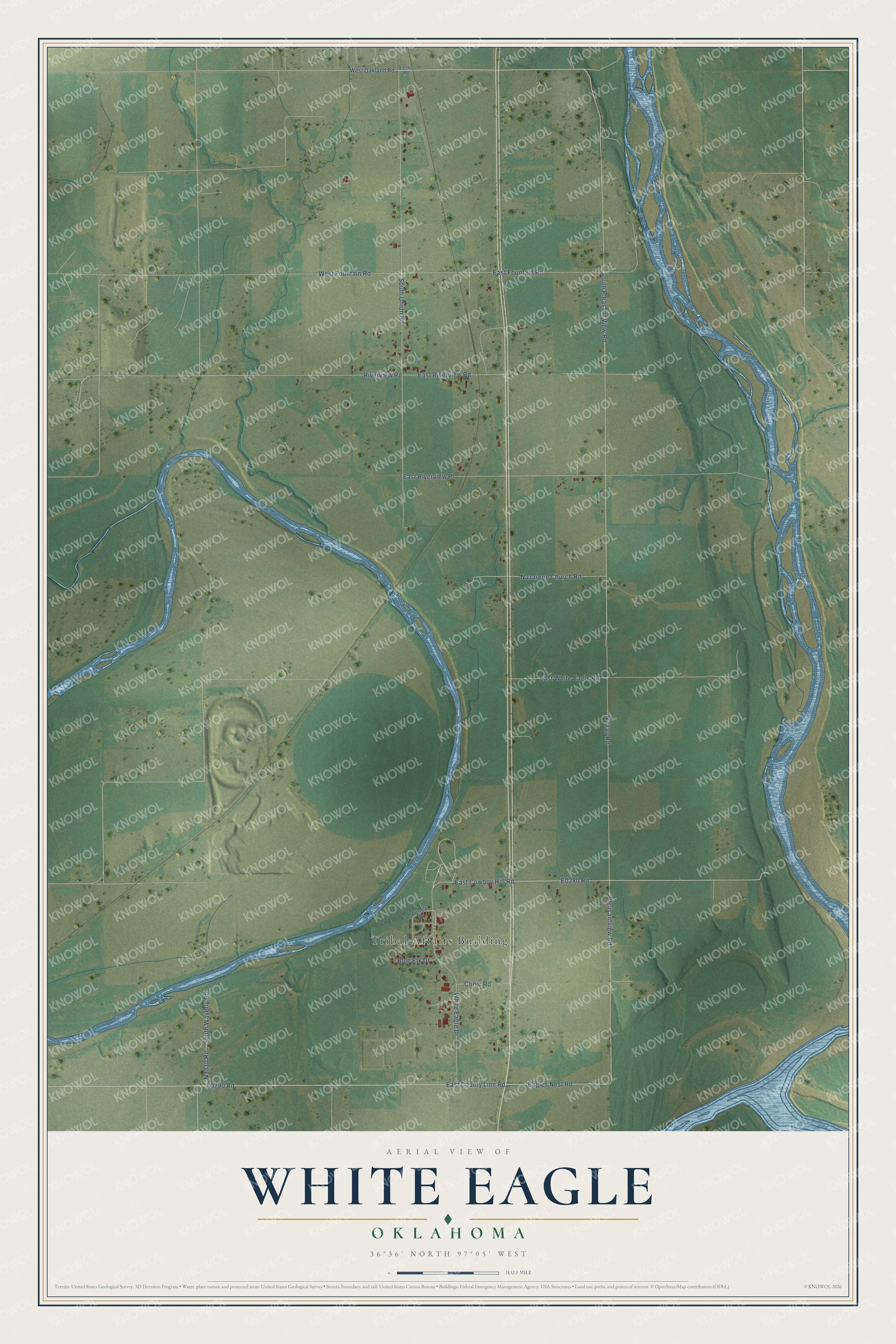 Full map of White Eagle, Oklahoma, with red buildings, printed street names and the land around them