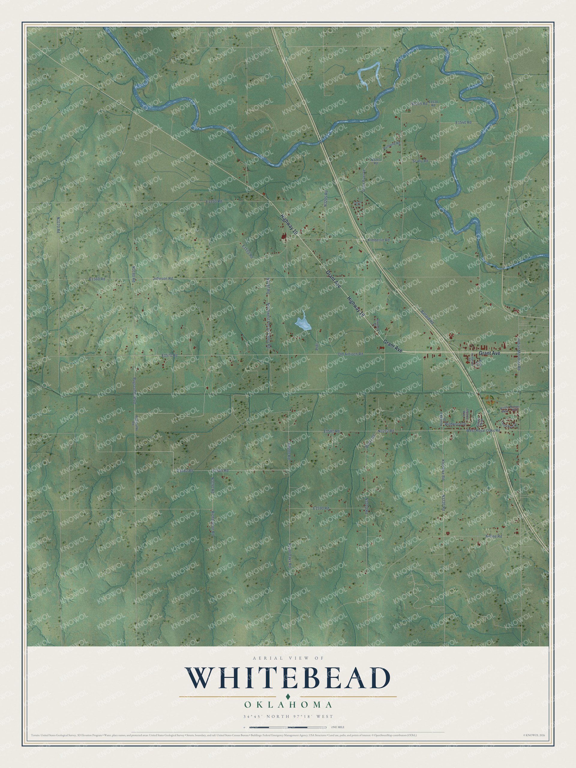 Full map of Whitebead, Oklahoma, with red buildings, printed street names and the land around them