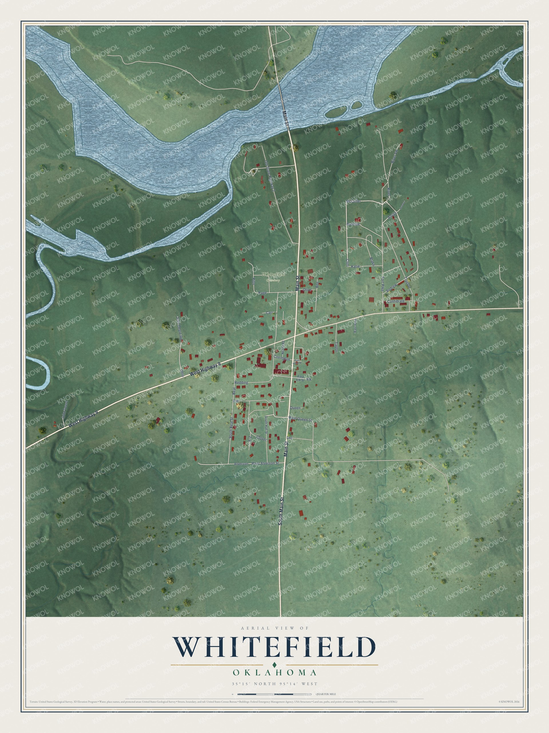Full map of Whitefield, Oklahoma, with red buildings, printed street names and the land around them
