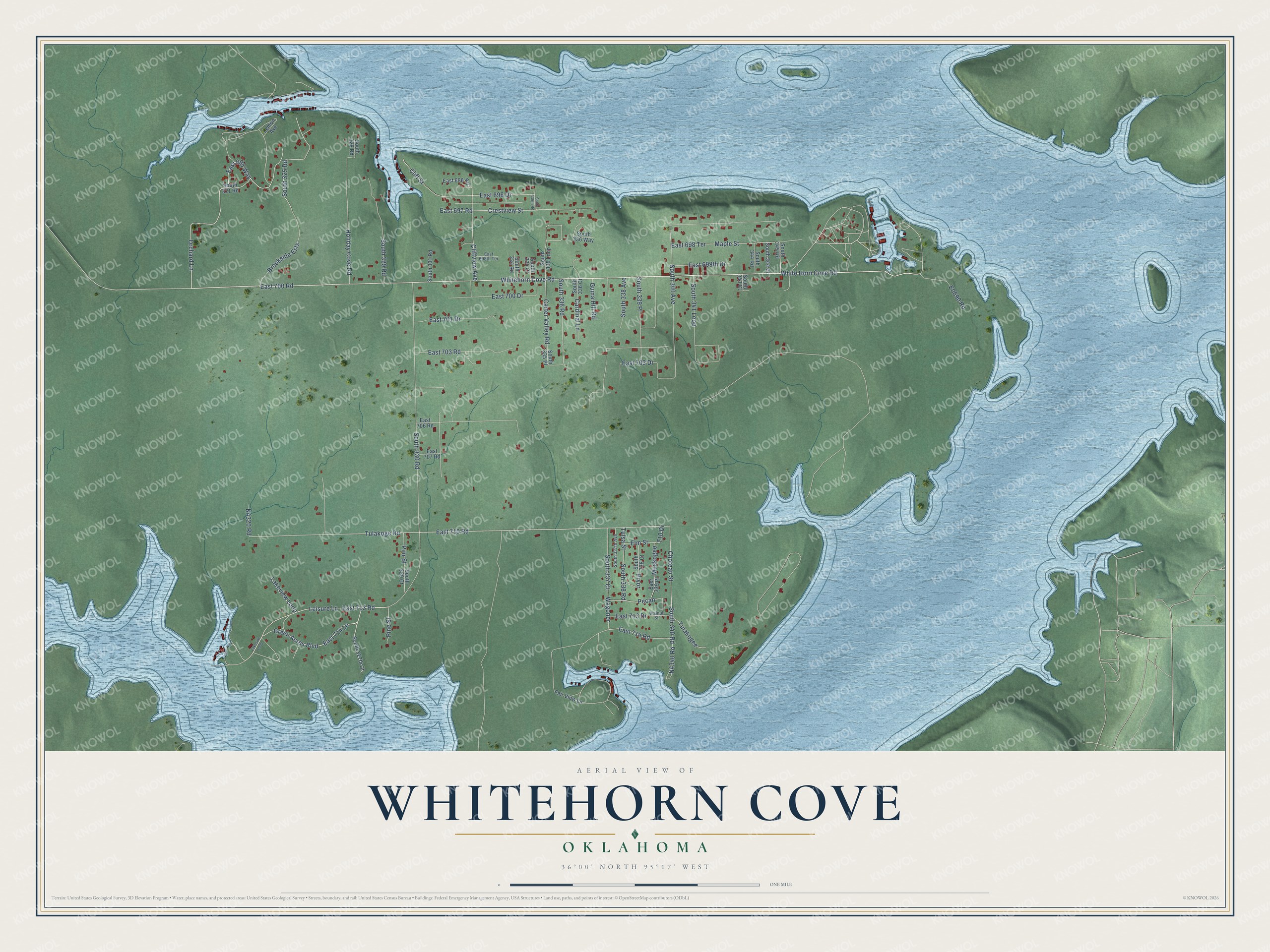 Full map of Whitehorn Cove, Oklahoma, with red buildings, printed street names and the land around them
