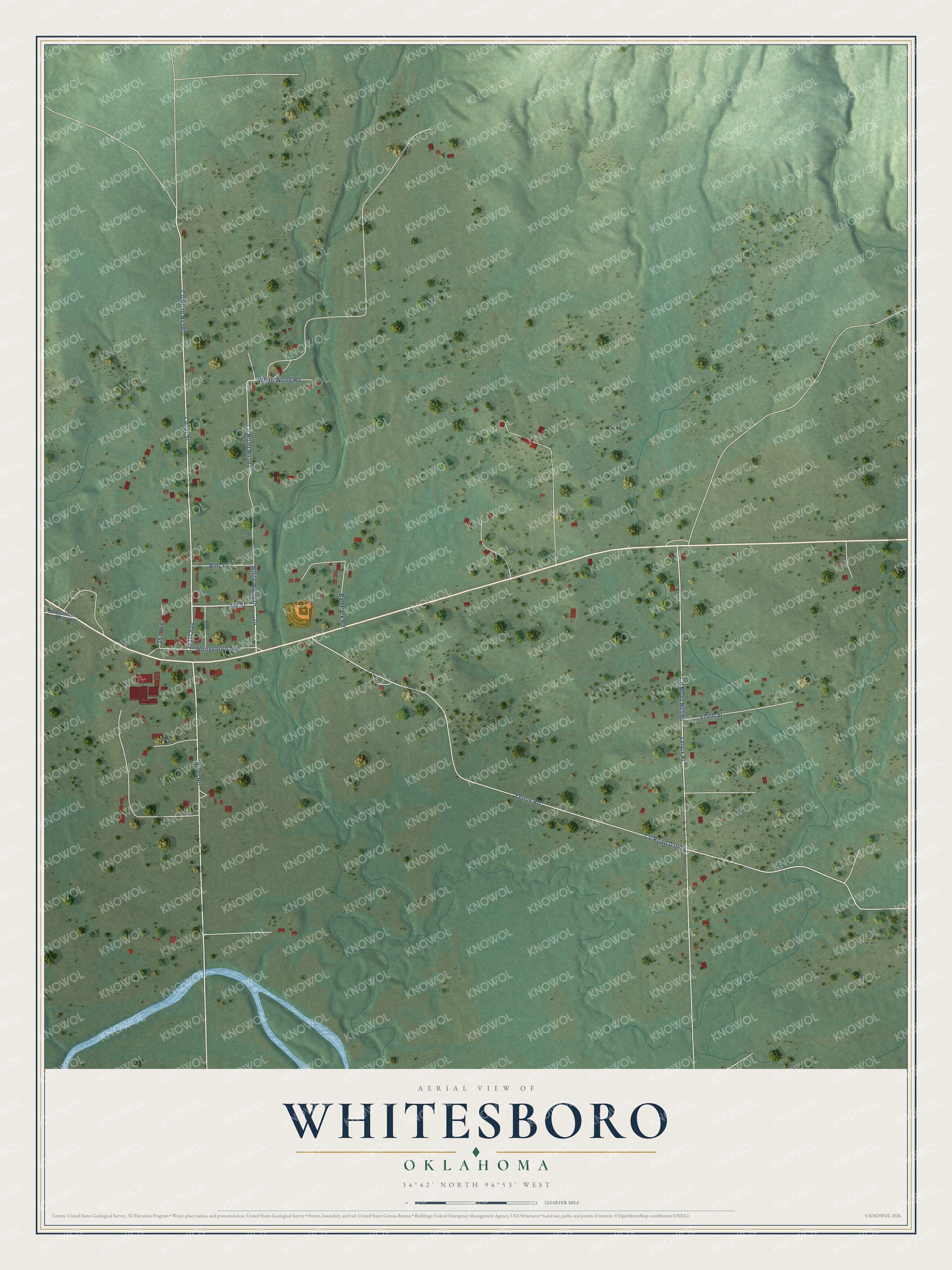Full map of Whitesboro, Oklahoma, with red buildings, printed street names and the land around them