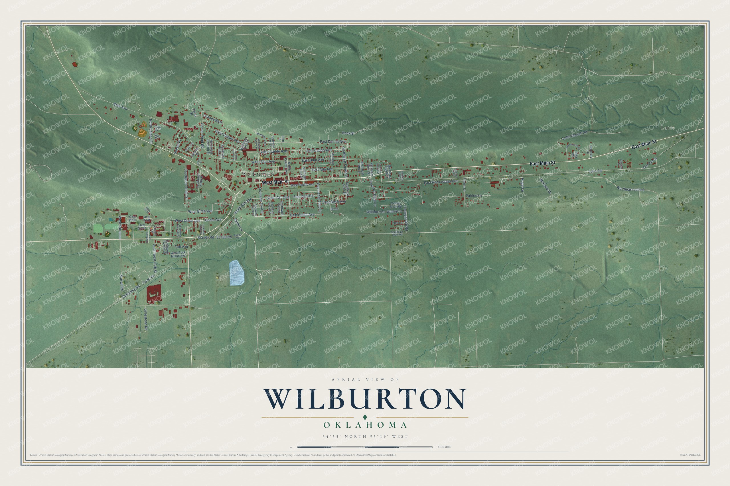 Full map of Wilburton, Oklahoma, with red buildings, printed street names and the land around them