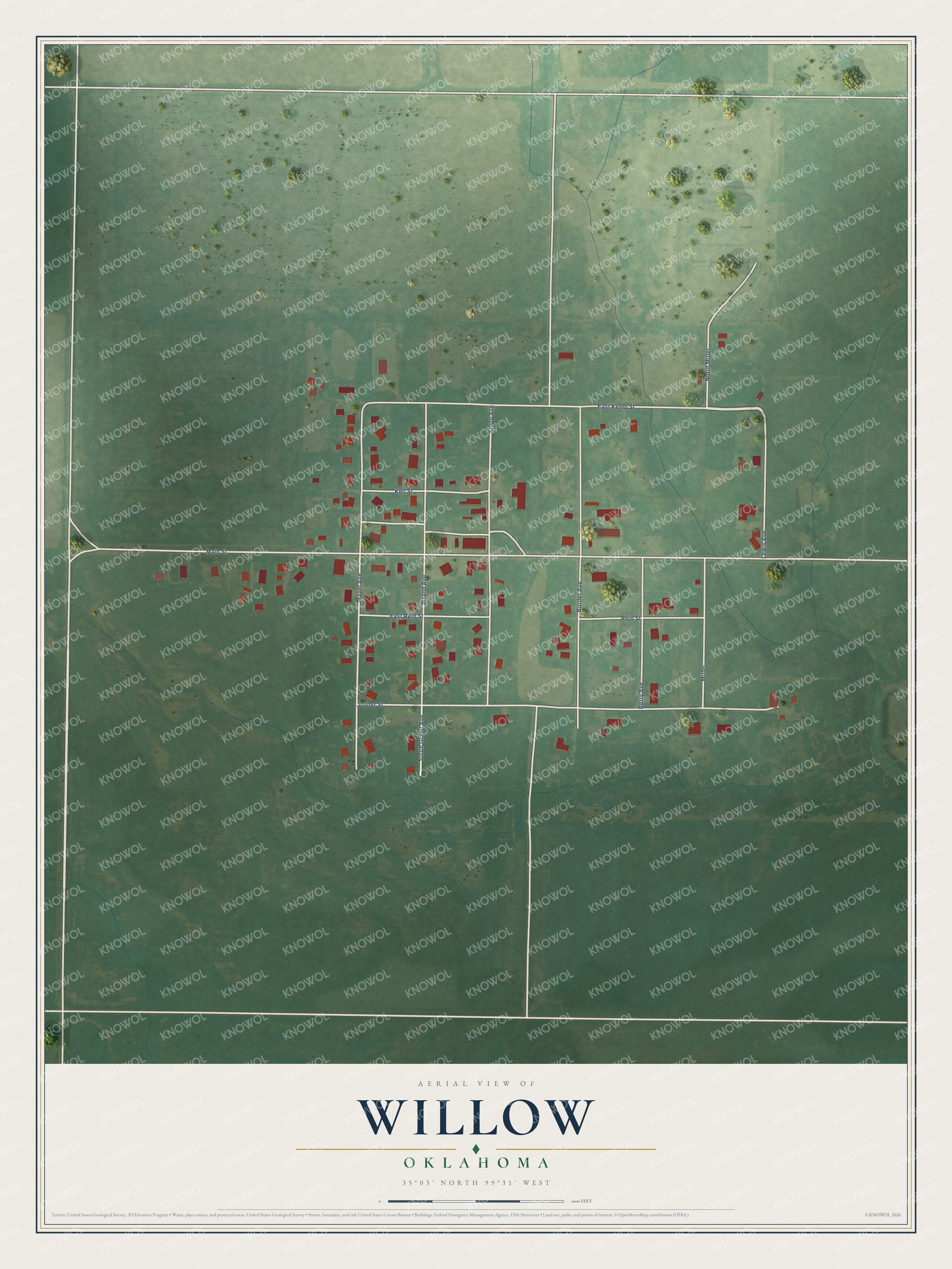 Full map of Willow, Oklahoma, with red buildings, printed street names and the land around them