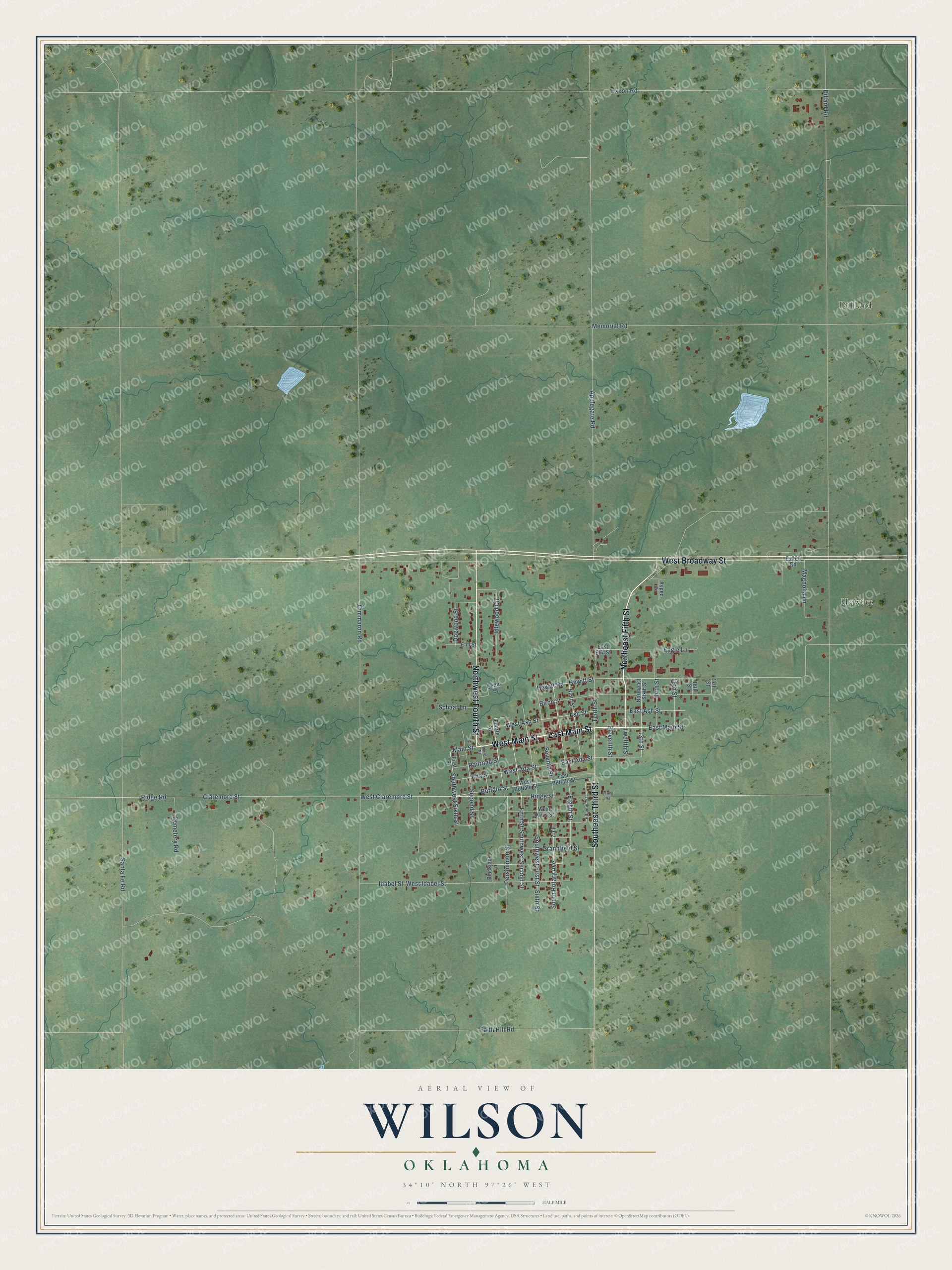 Full map of Wilson, Oklahoma, with red buildings, printed street names and the land around them