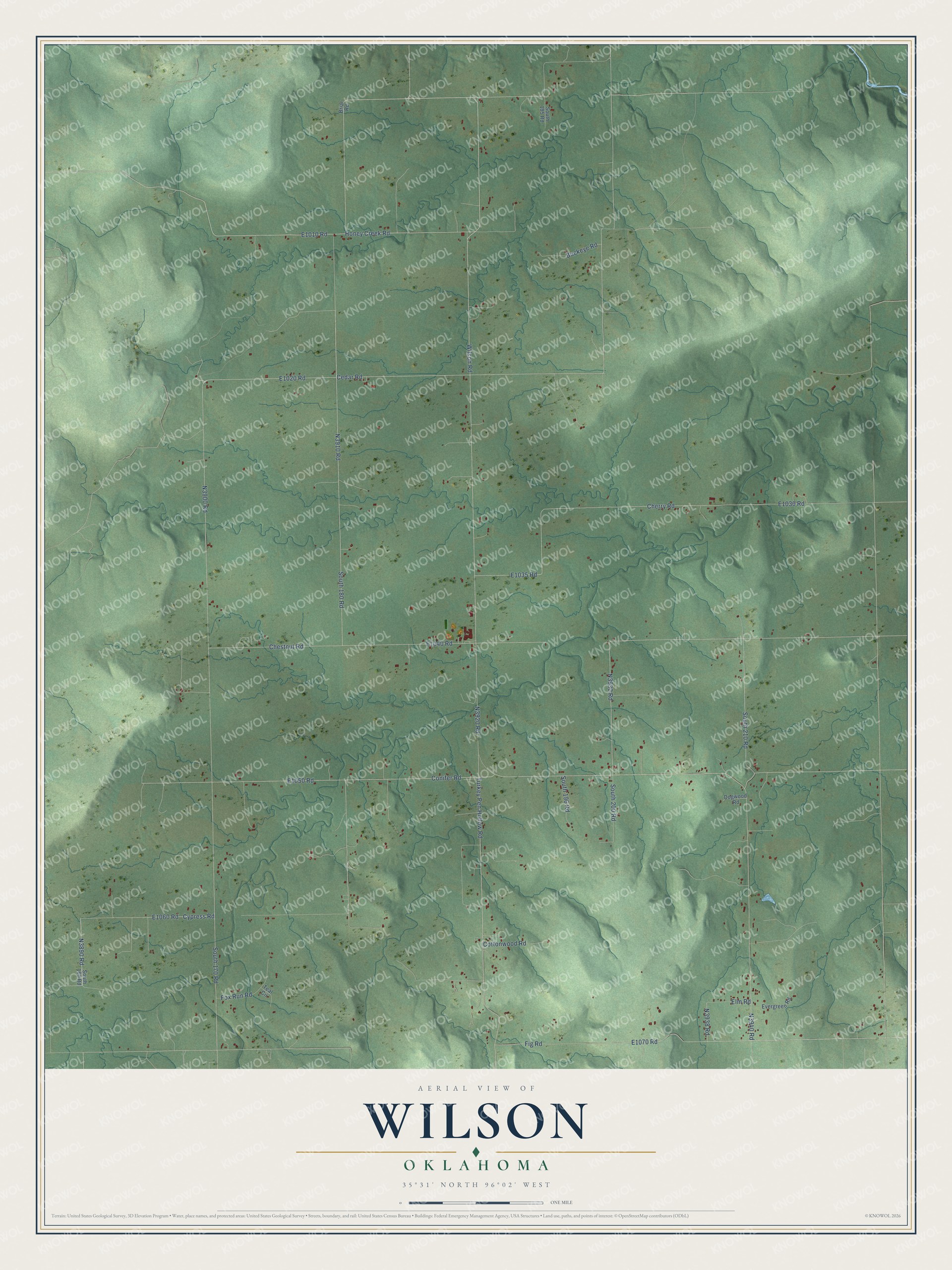 Full map of Wilson, Oklahoma, with red buildings, printed street names and the land around them