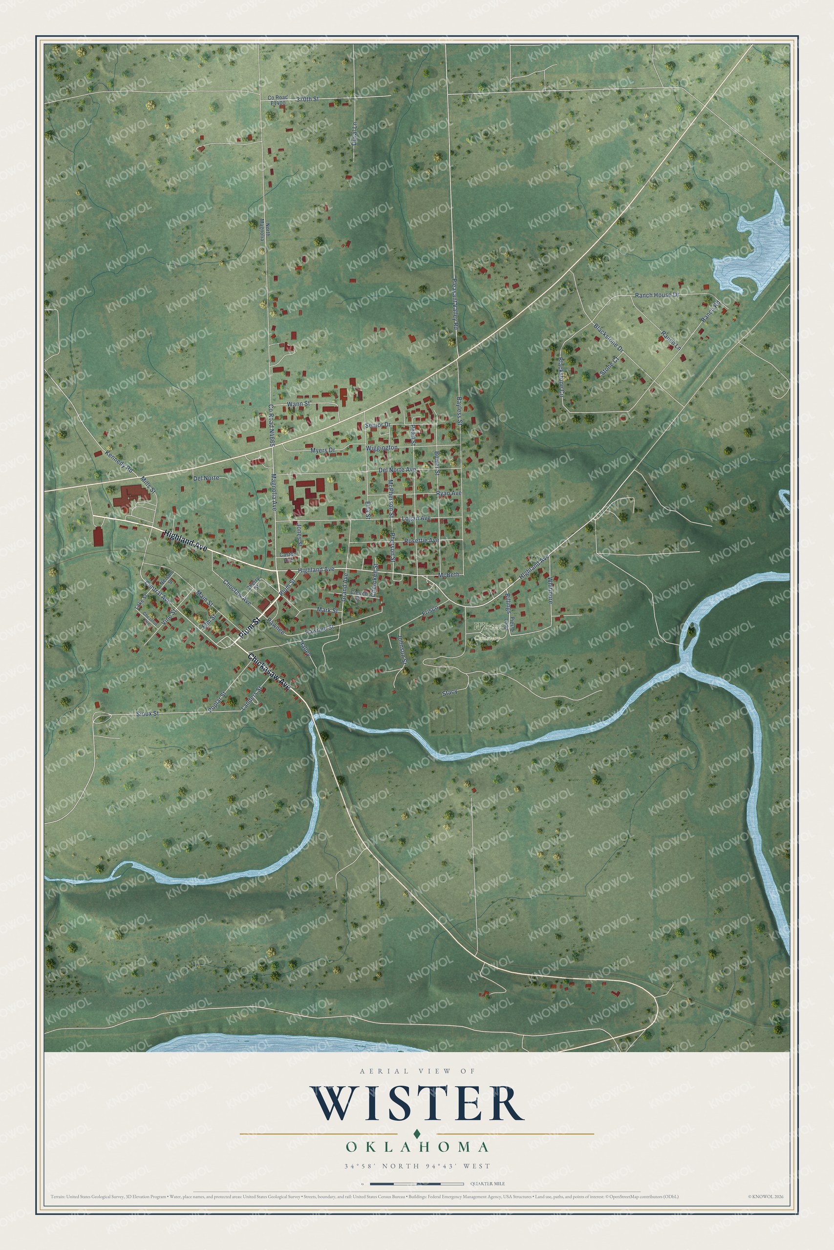 Full map of Wister, Oklahoma, with red buildings, printed street names and the land around them