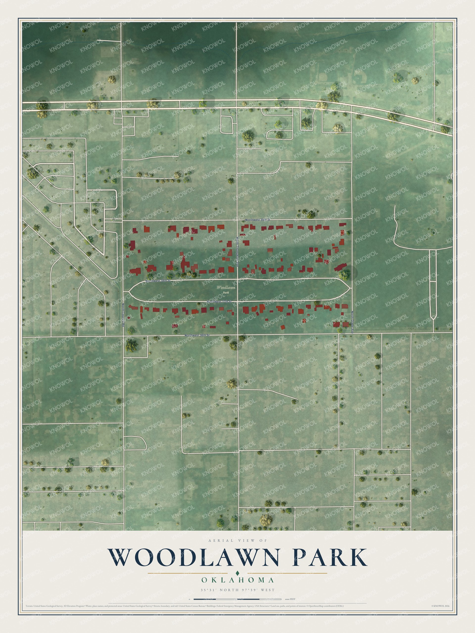 Full map of Woodlawn Park, Oklahoma, with red buildings, printed street names and the land around them