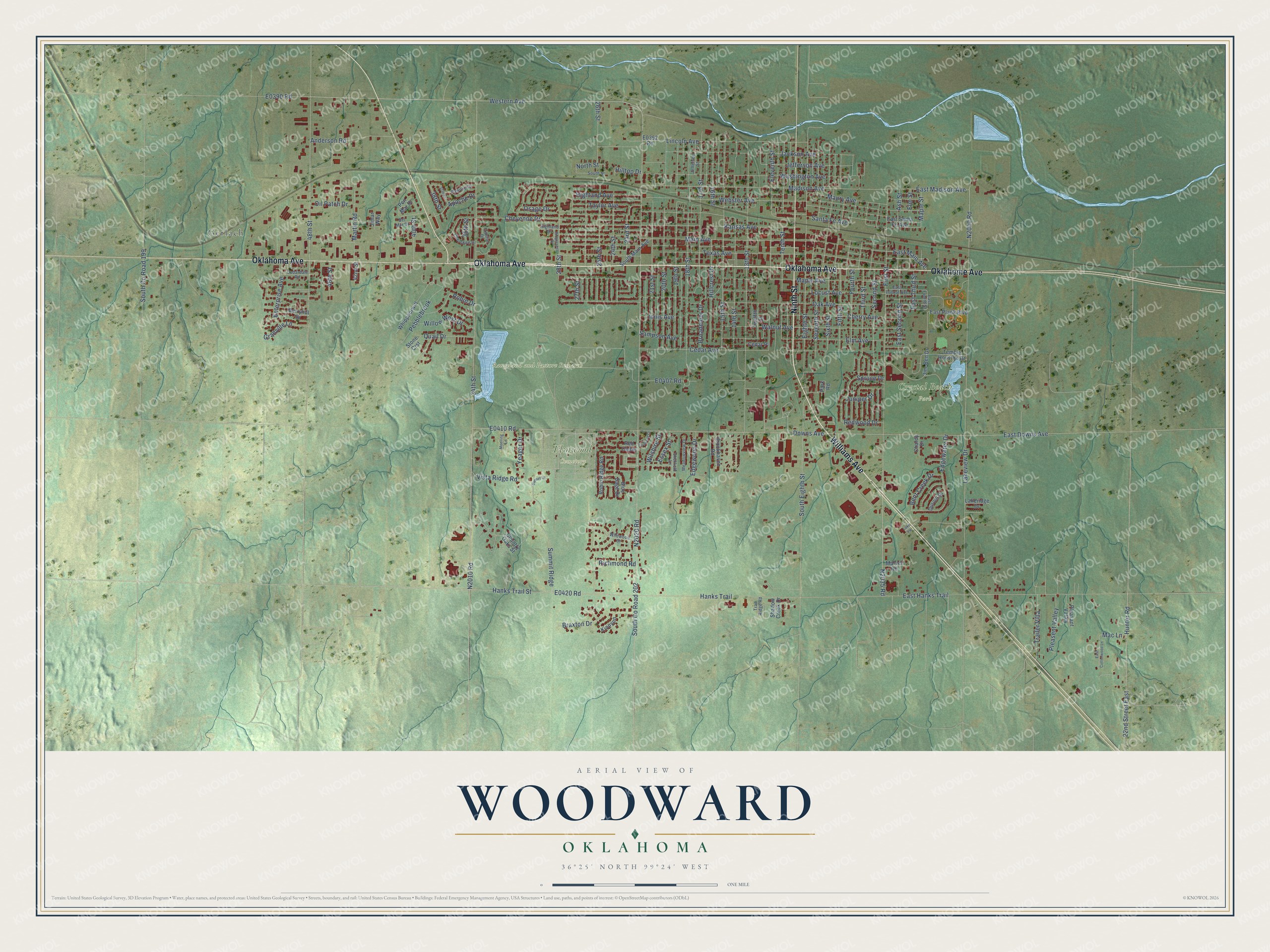 Full map of Woodward, Oklahoma, with red buildings, printed street names and the land around them