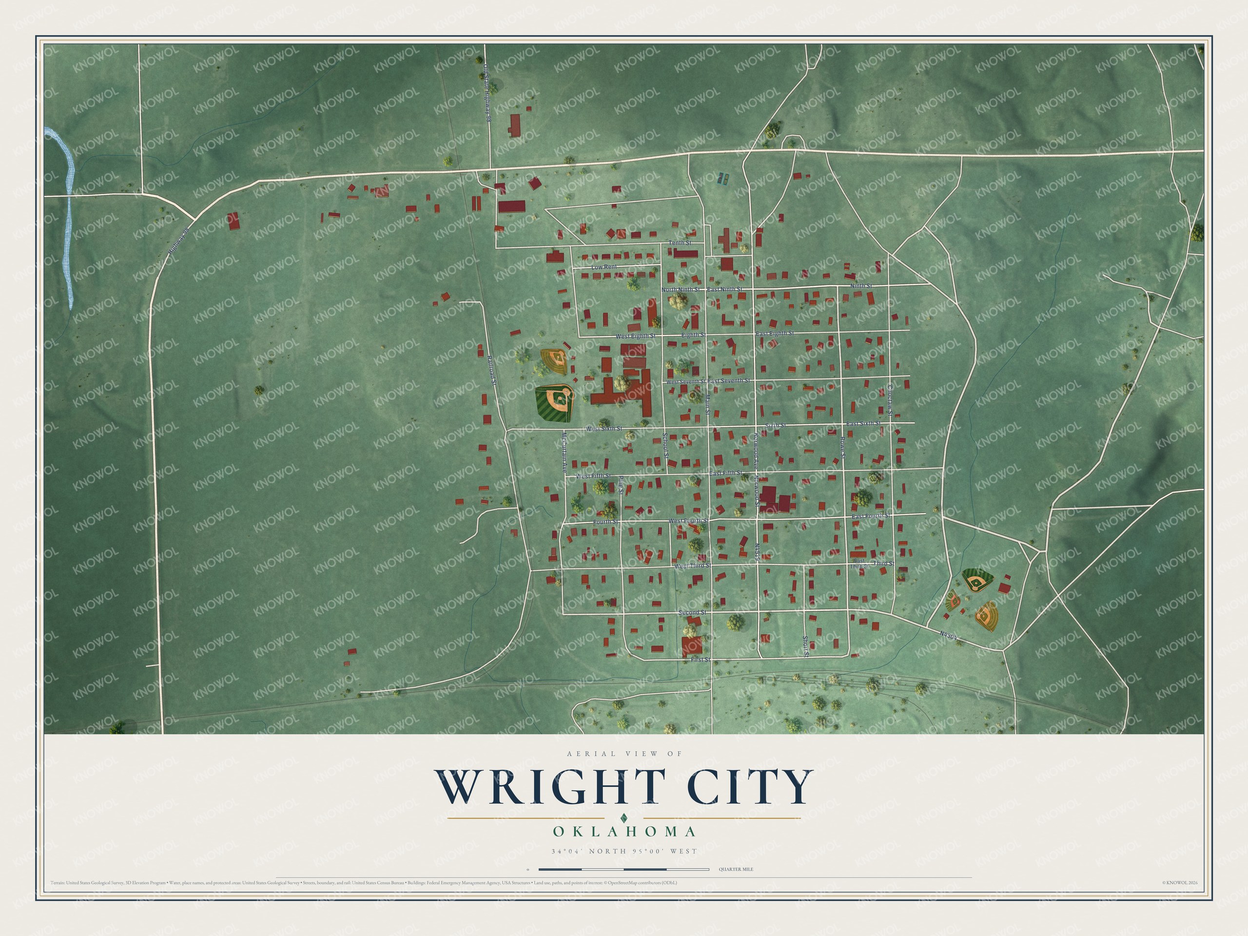 Full map of Wright City, Oklahoma, with red buildings, printed street names and the land around them