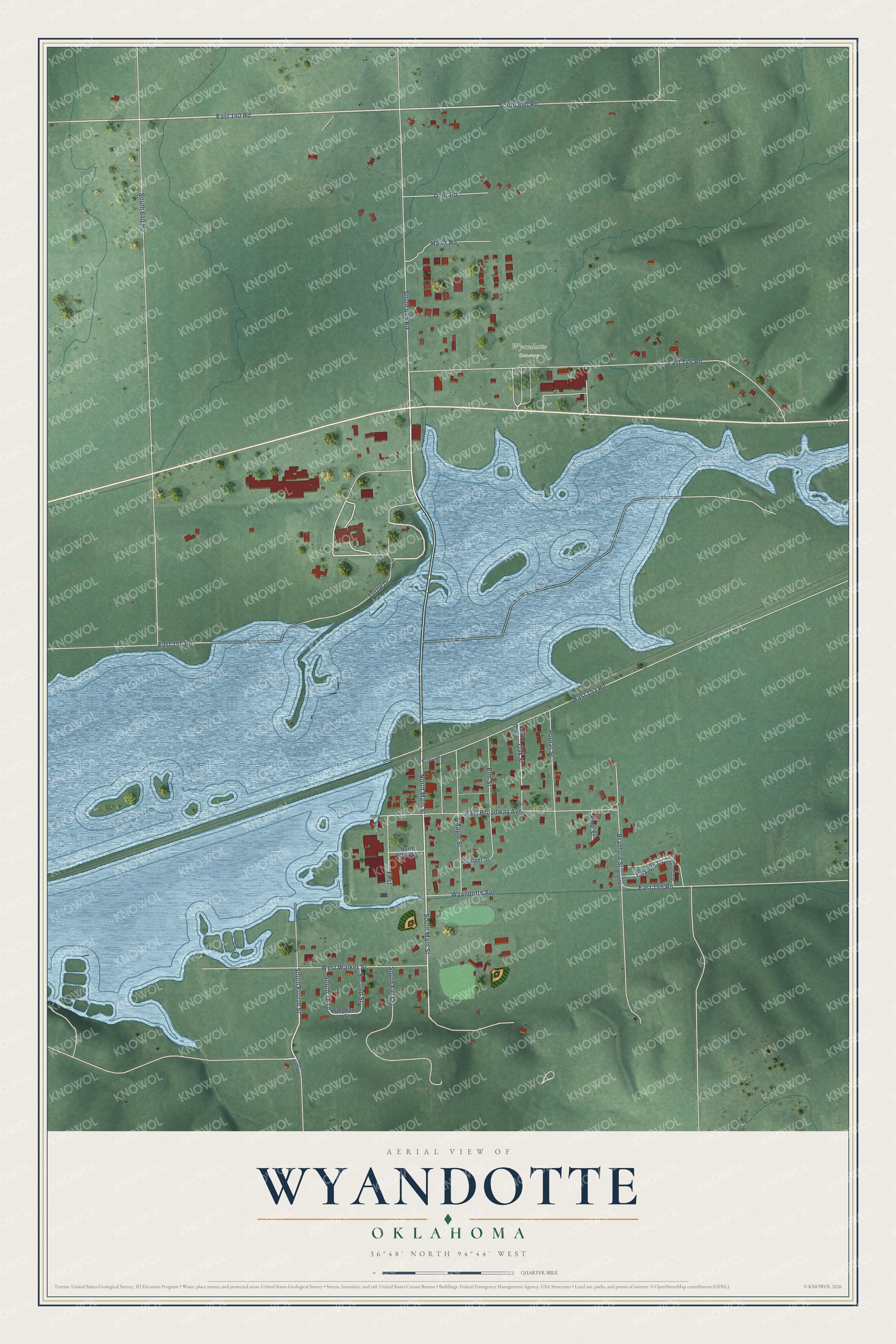 Full map of Wyandotte, Oklahoma, with red buildings, printed street names and the land around them