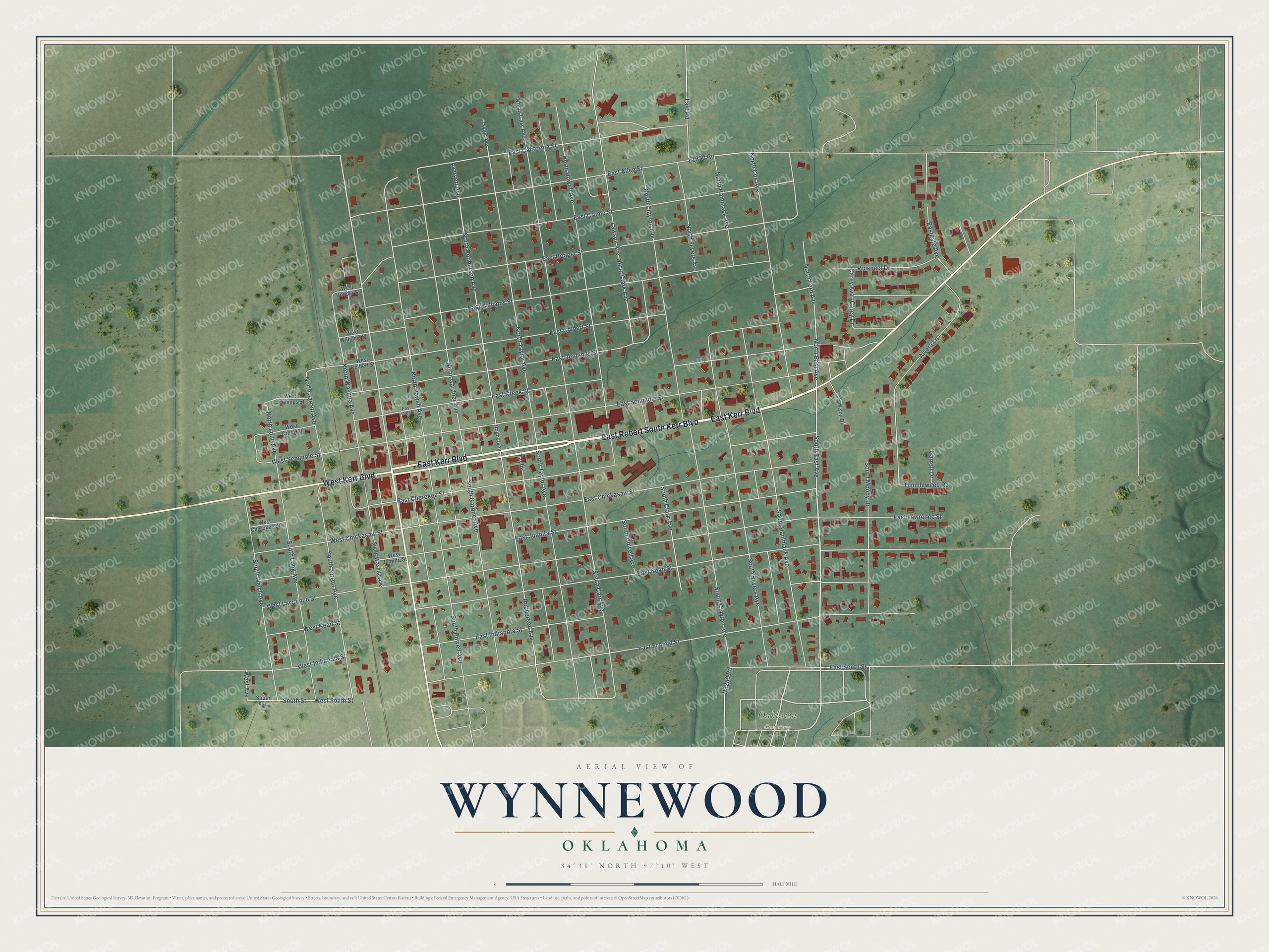 Full map of Wynnewood, Oklahoma, with red buildings, printed street names and the land around them