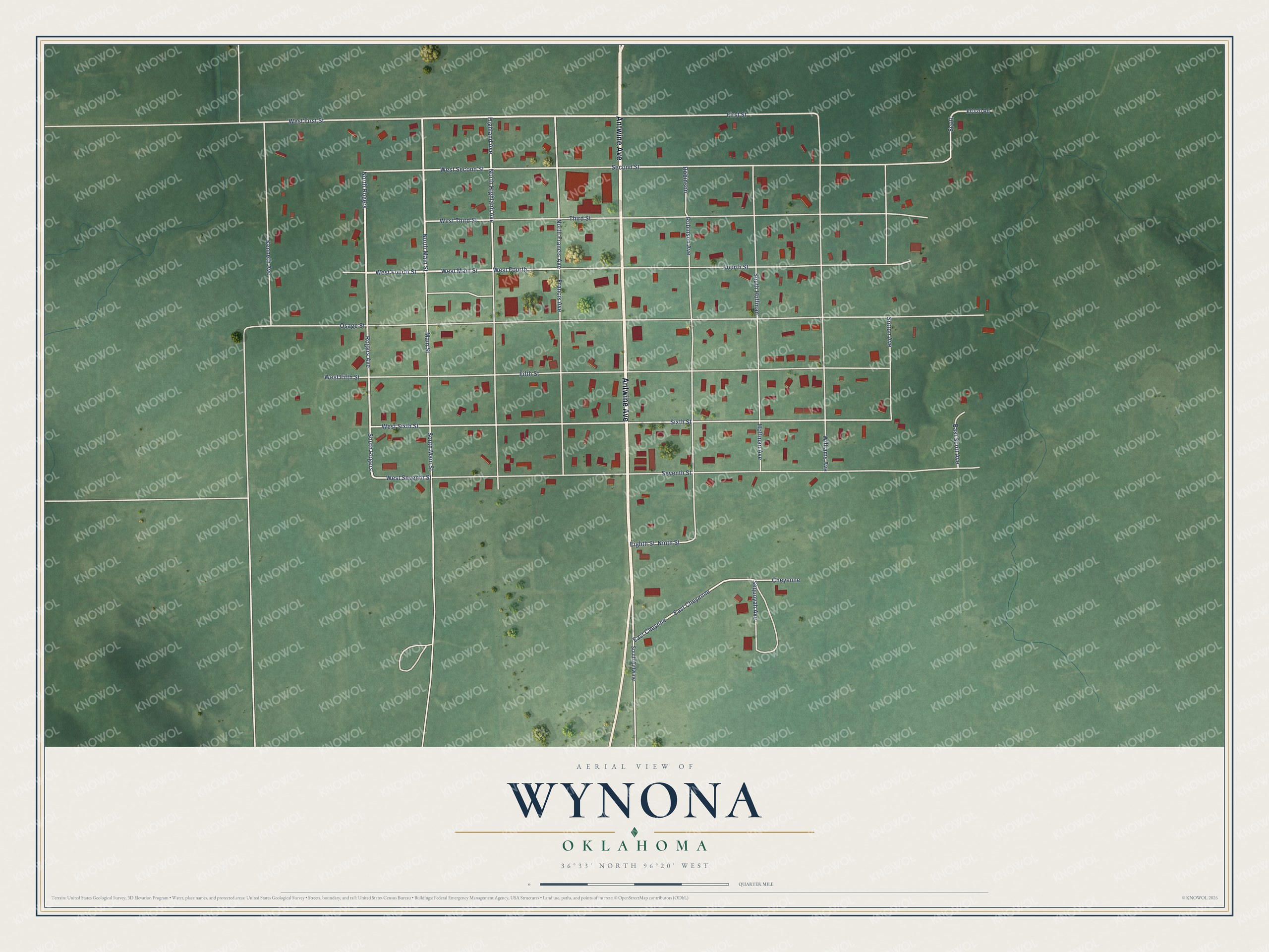 Full map of Wynona, Oklahoma, with red buildings, printed street names and the land around them