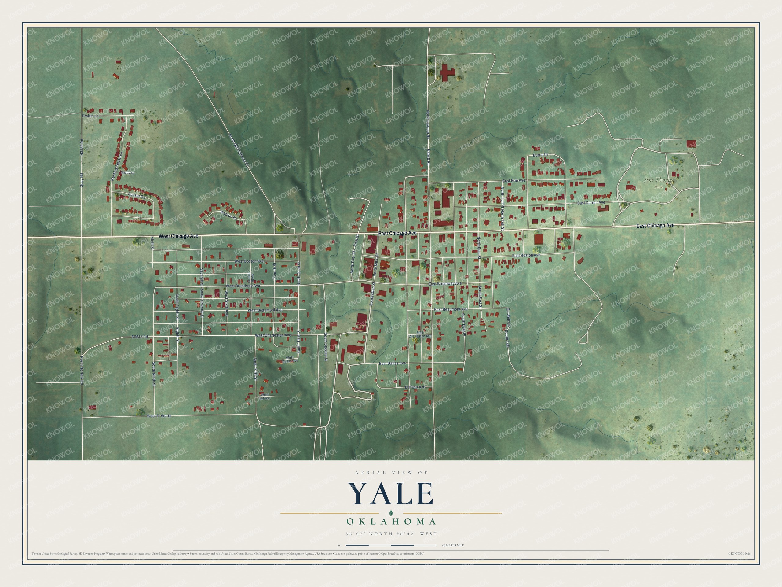 Full map of Yale, Oklahoma, with red buildings, printed street names and the land around them