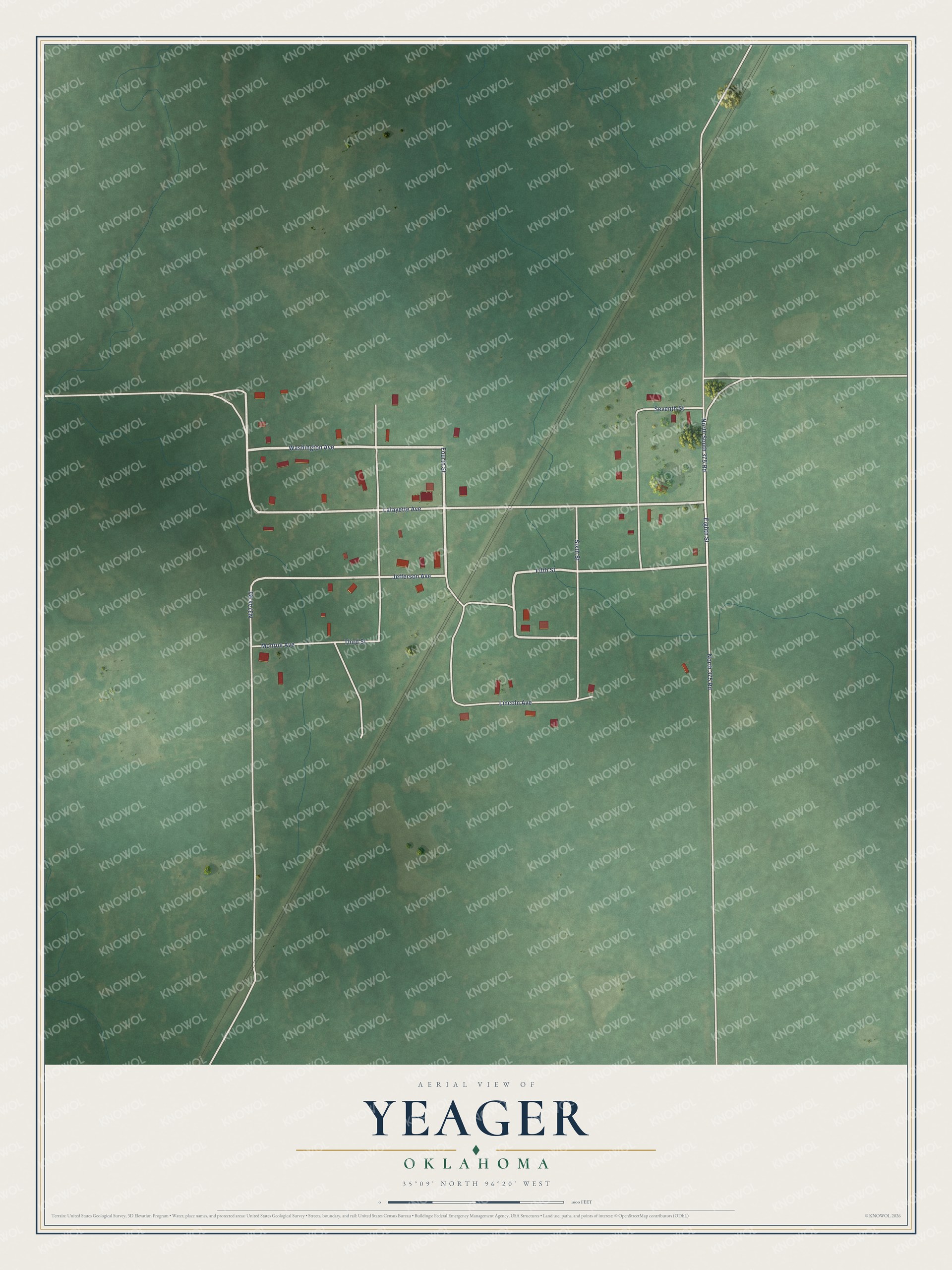 Full map of Yeager, Oklahoma, with red buildings, printed street names and the land around them