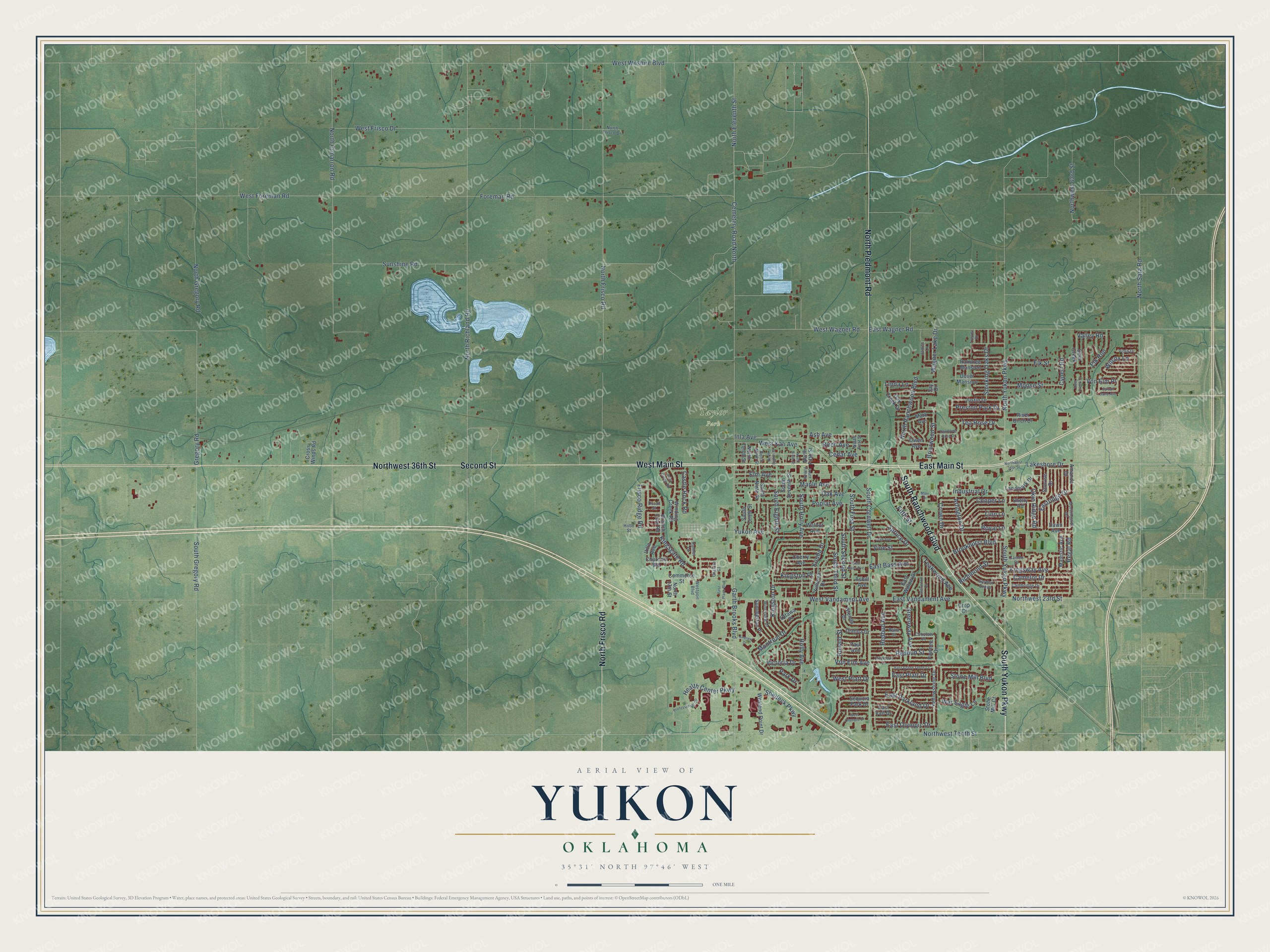Full map of Yukon, Oklahoma, with red buildings, printed street names and the land around them