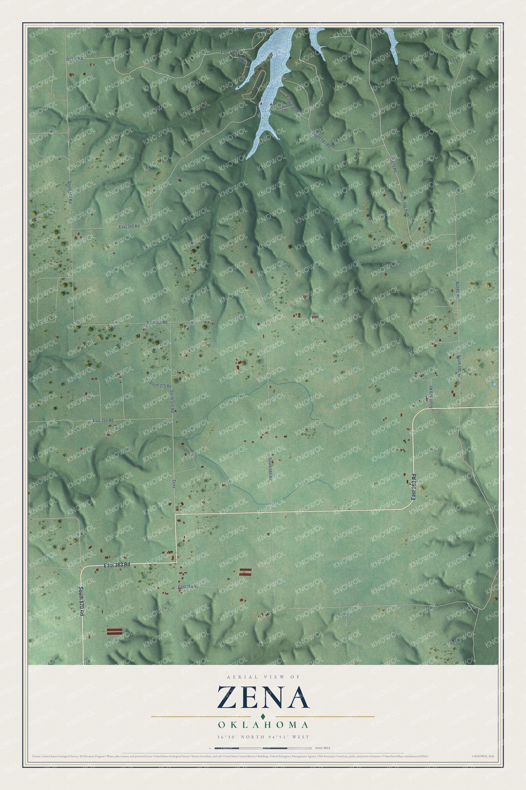 Full map of Zena, Oklahoma, with red buildings, printed street names and the land around them