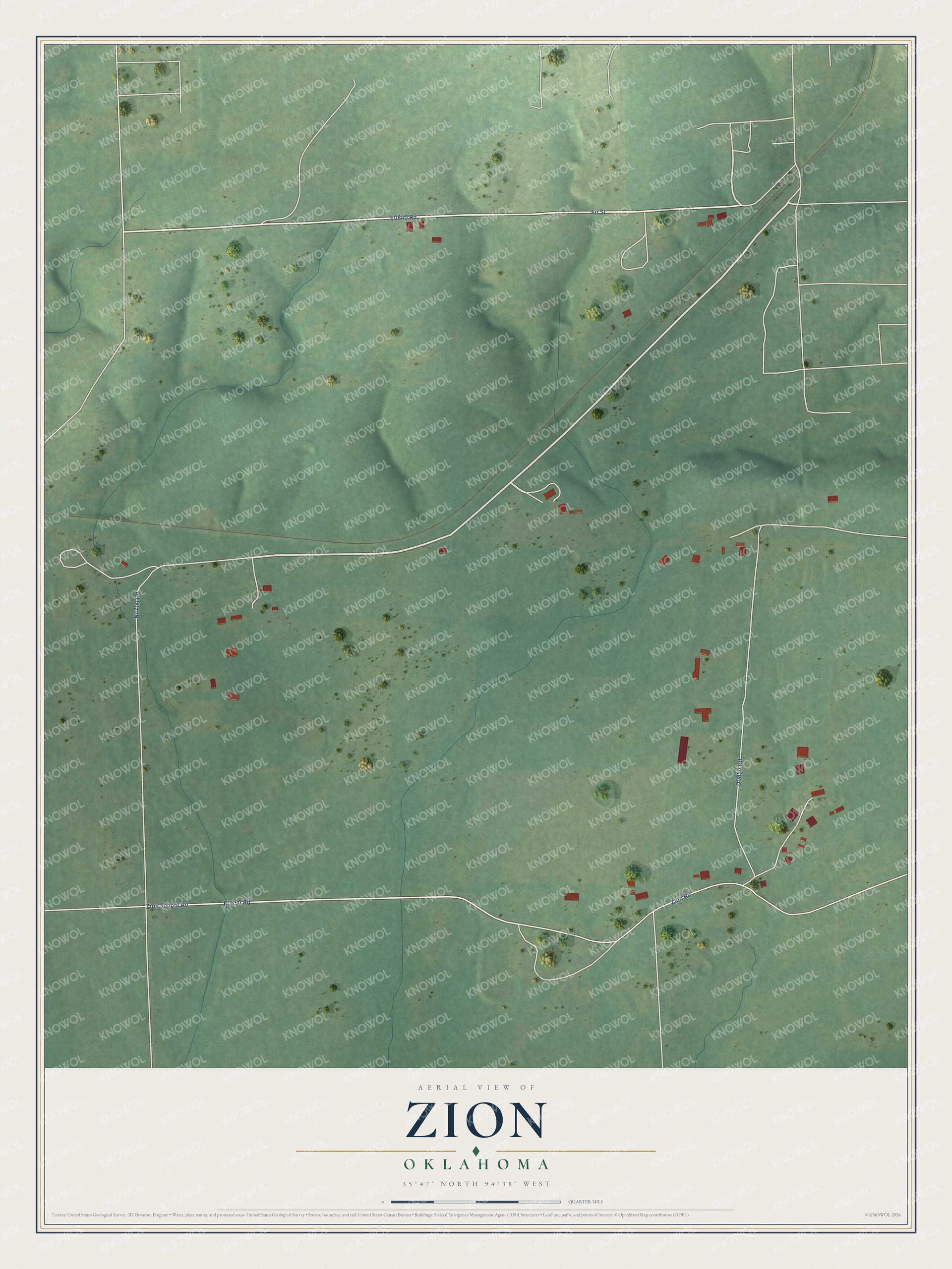 Full map of Zion, Oklahoma, with red buildings, printed street names and the land around them