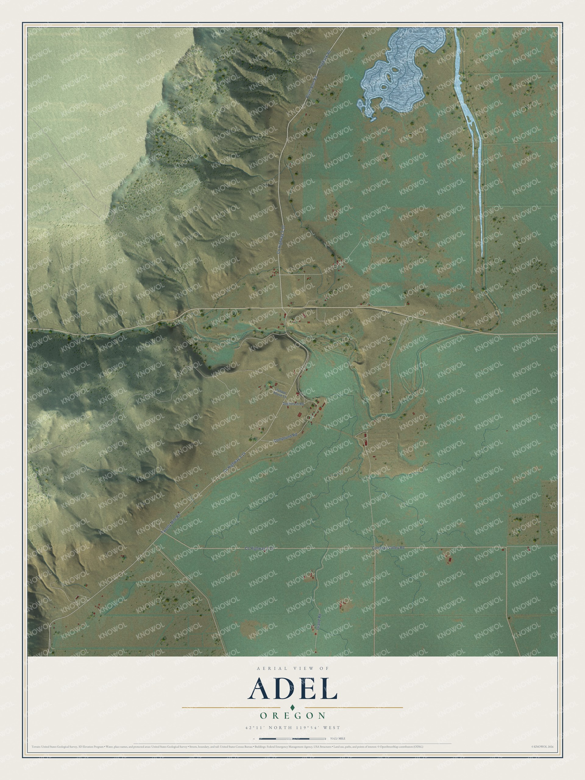 Full map of Adel, Oregon, with red buildings, printed street names and the land around them