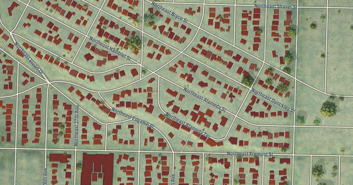 Close-up of streets and buildings in Alameda, Oregon