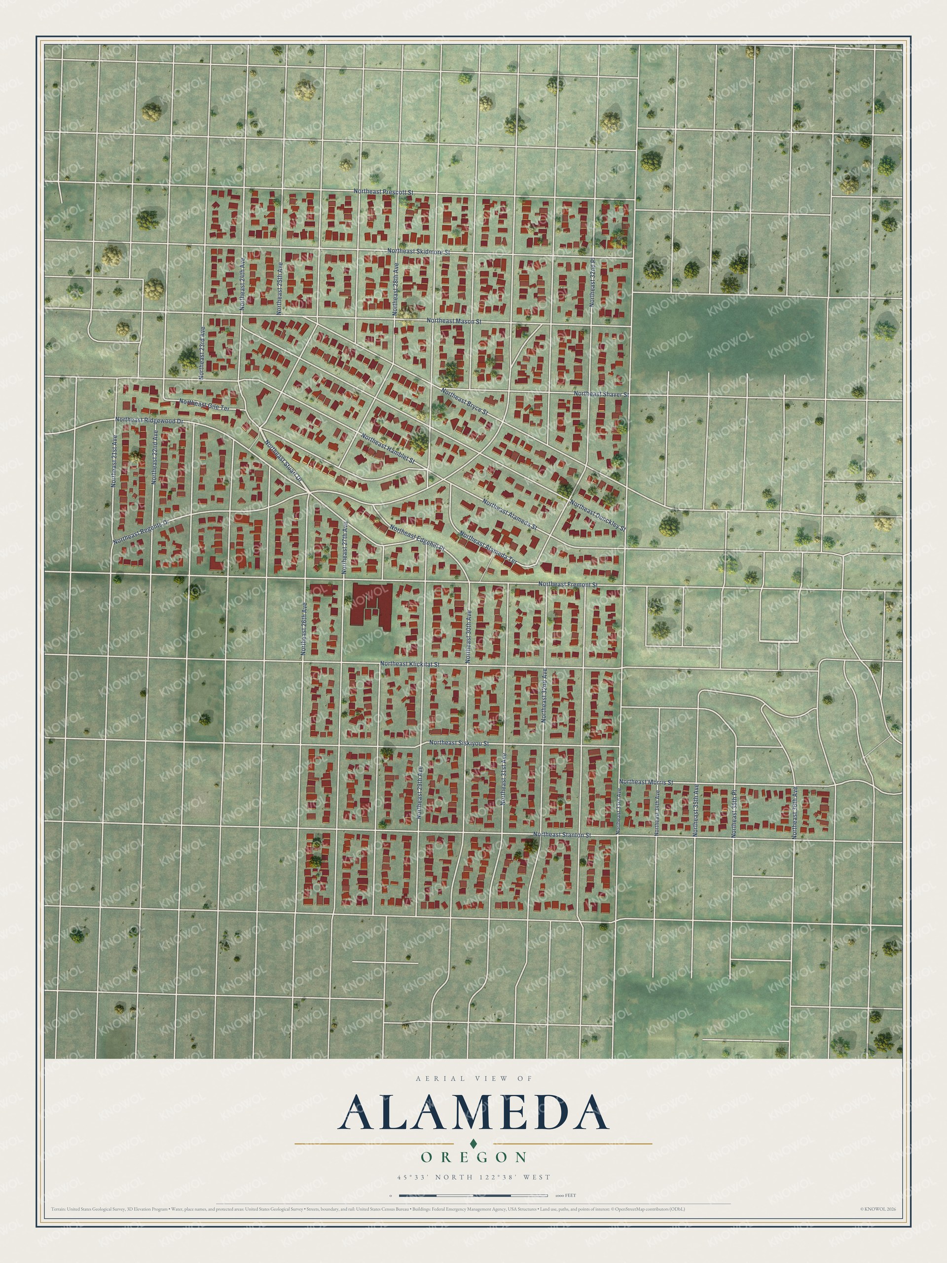 Full map of Alameda, Oregon, with red buildings, printed street names and the land around them
