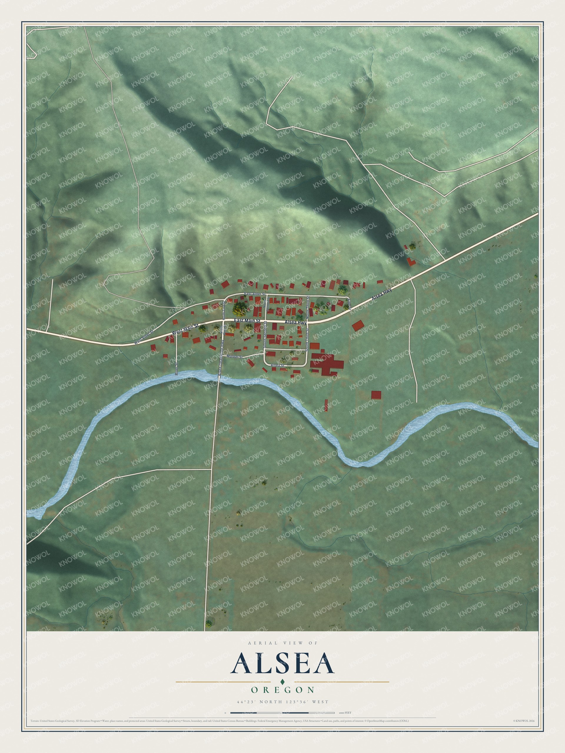 Full map of Alsea, Oregon, with red buildings, printed street names and the land around them