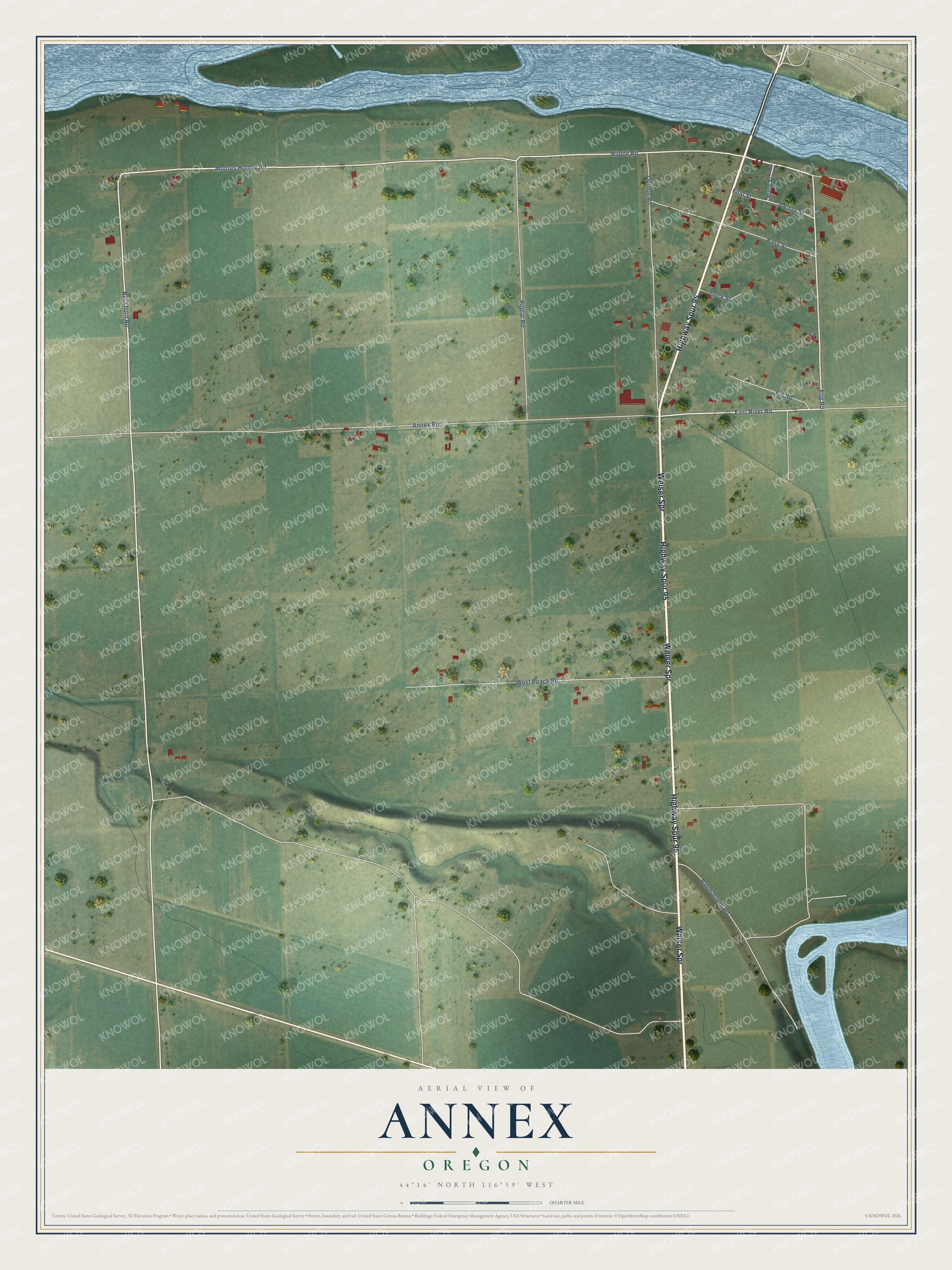 Full map of Annex, Oregon, with red buildings, printed street names and the land around them