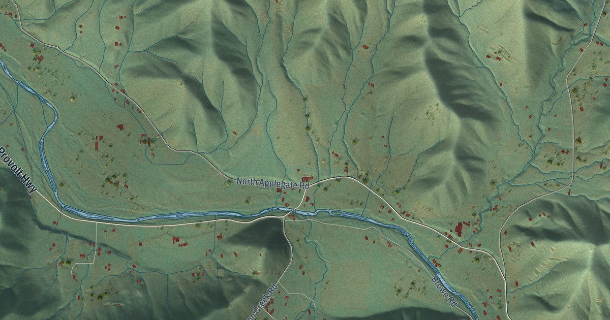 Close-up of streets and buildings in Applegate, Oregon