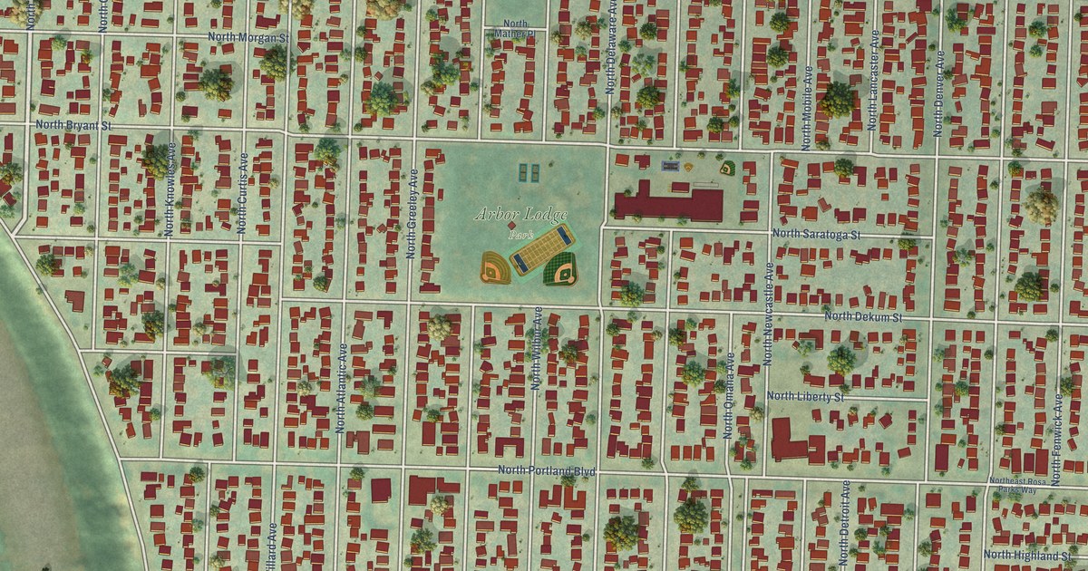 Close-up of streets and buildings in Arbor Lodge, Oregon