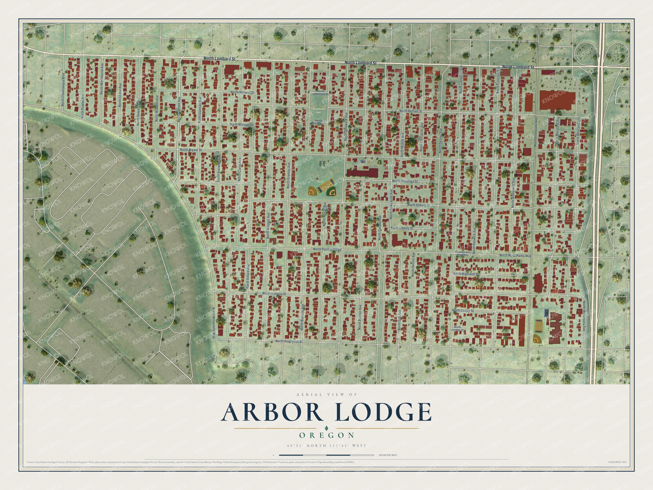 Full map of Arbor Lodge, Oregon, with red buildings, printed street names and the land around them