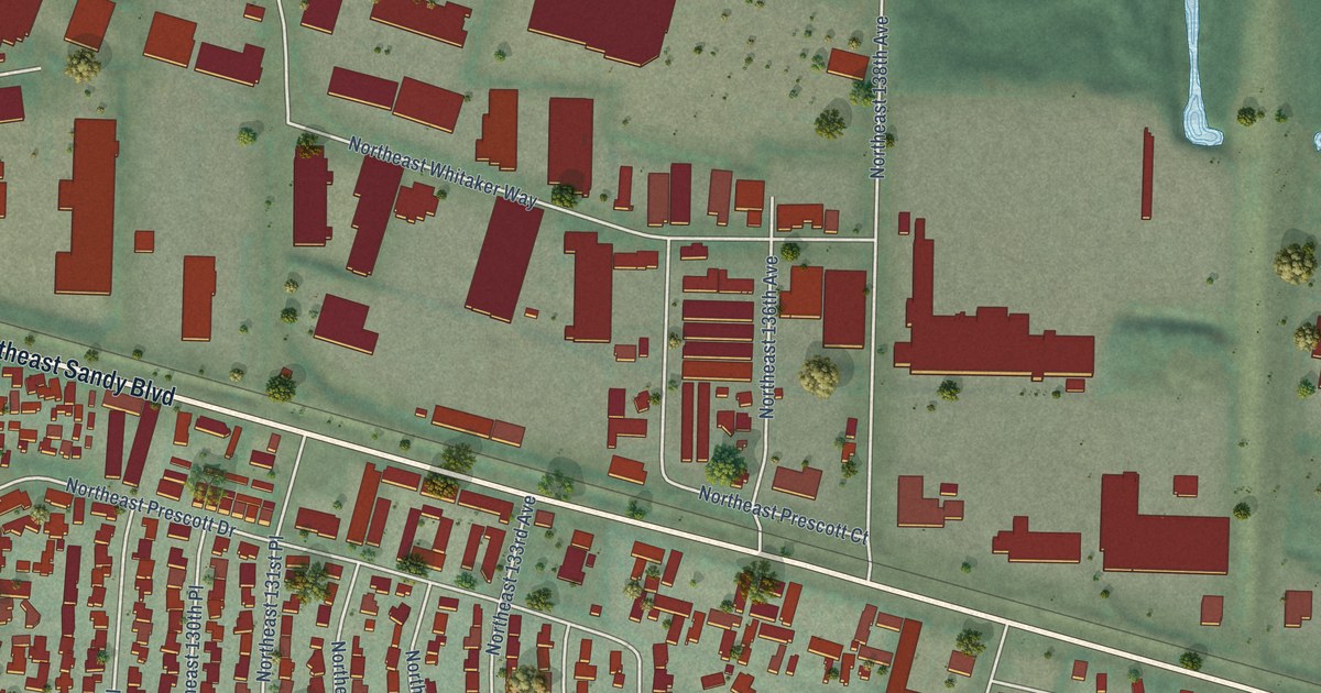 Close-up of streets and buildings in Argay Terrace, Oregon