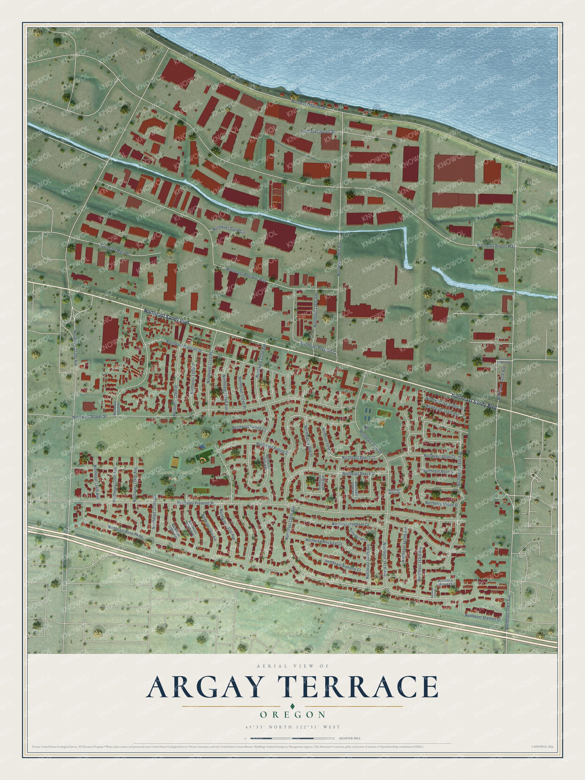 Full map of Argay Terrace, Oregon, with red buildings, printed street names and the land around them